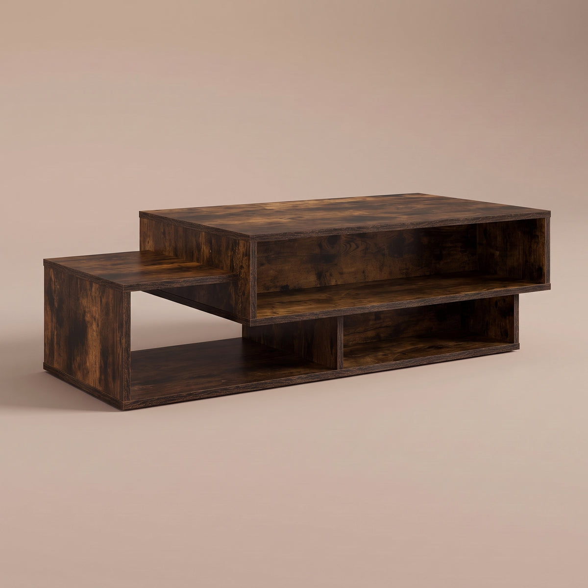 Table avec étagère Mezza, chêne fumé, vue 3/4 des deux niveaux #Couleur_Chêne fumé