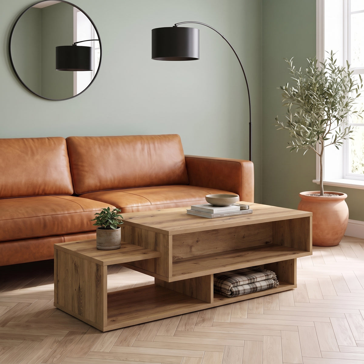 Table avec étagère Mezza, chêne artisanal, dans un salon lumineux #Couleur_Chêne artisanal