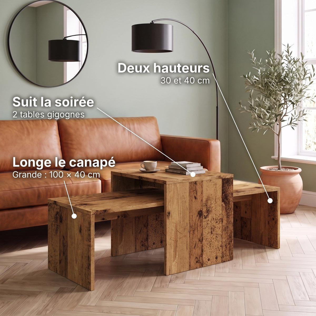 Tables basses gigognes décor bois Nesta vieux bois : suit la soirée (2 tables gigognes), deux hauteurs (30 et 40 cm), longe le canapé (Grande : 100 × 40 cm) #Couleur_Vieux bois