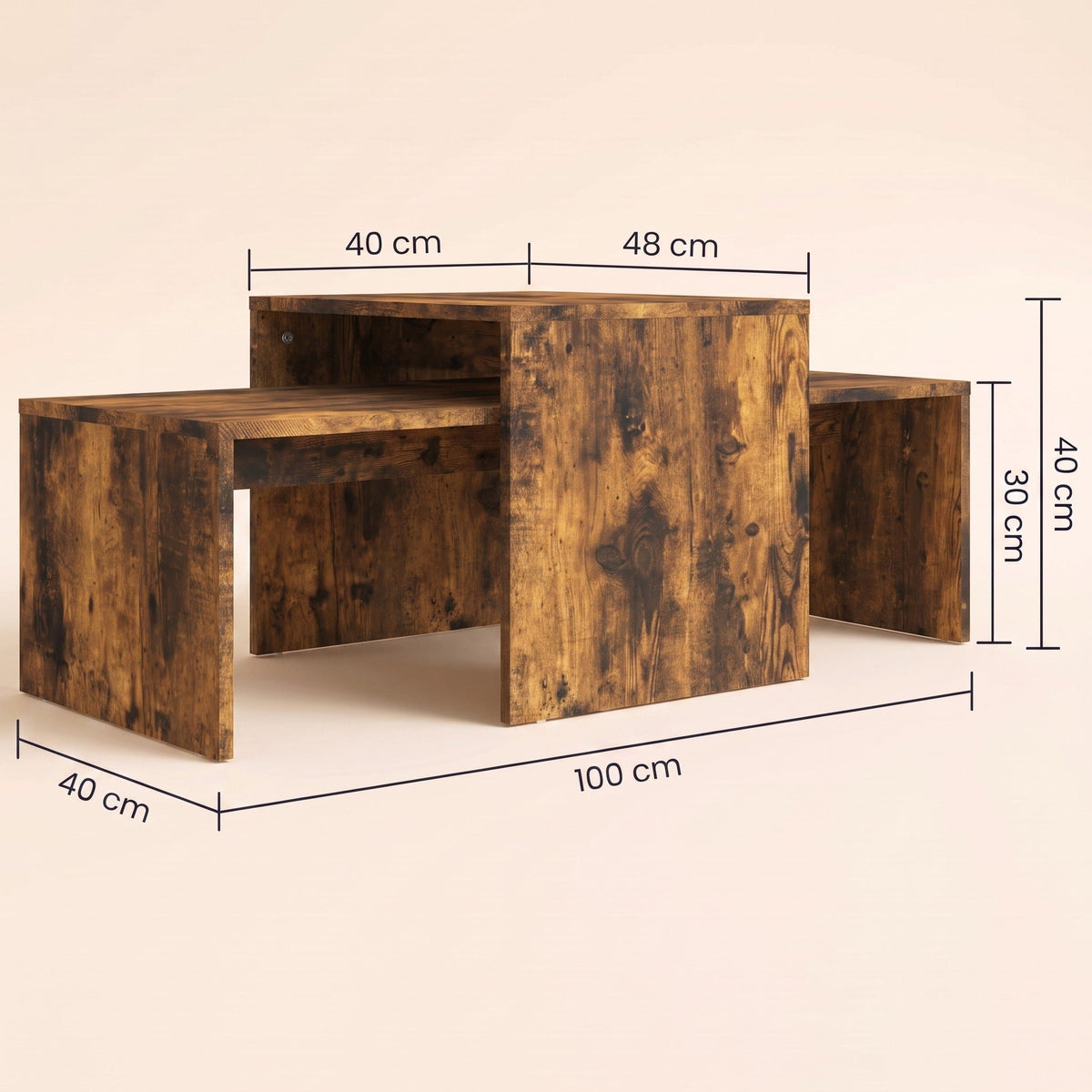 Dimensions des tables Nesta : 100 × 40 × 30 cm et 48 × 40 × 40 cm #Couleur_Chêne fumé