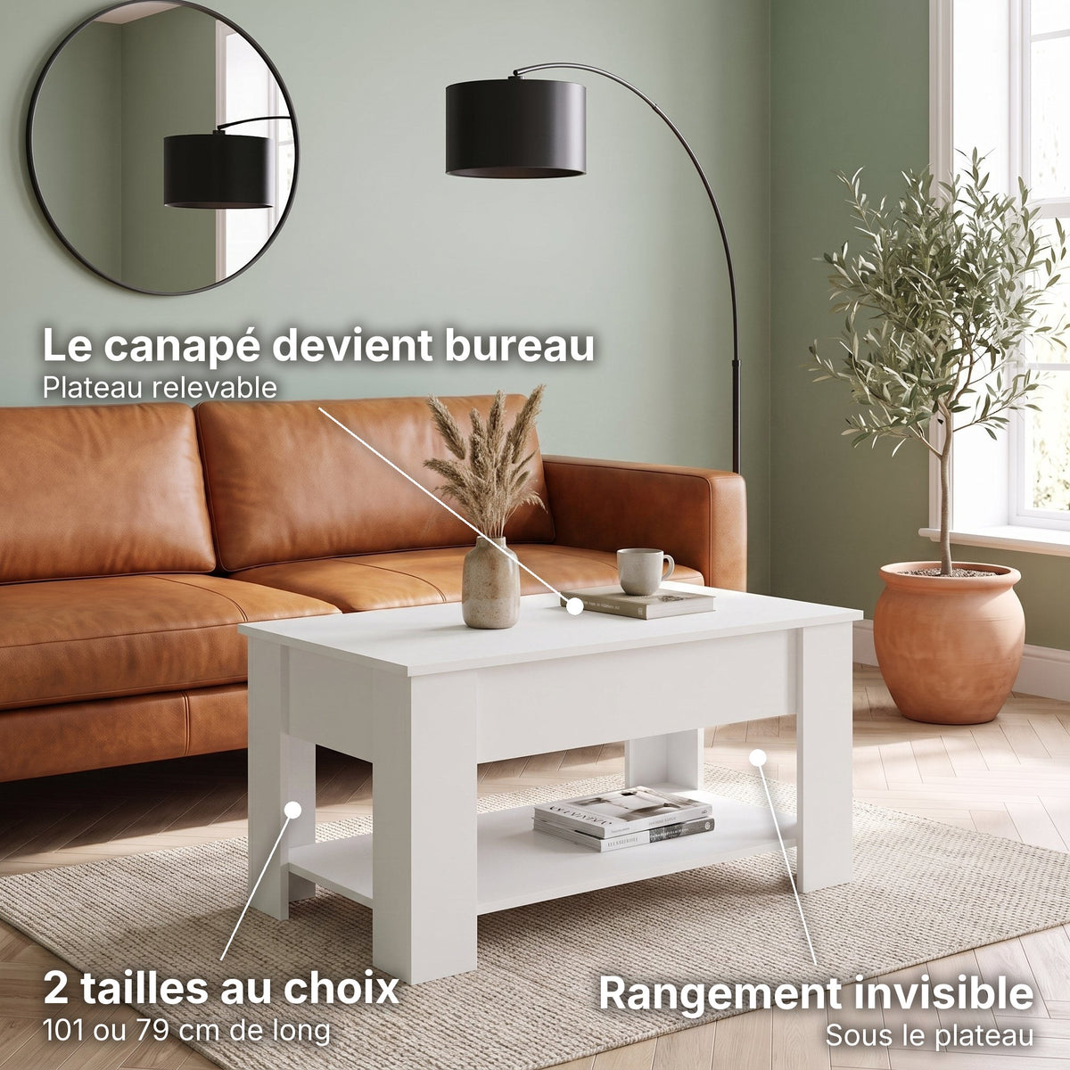 Table basse relevable avec rangement Onda blanc , 101 × 49 × 52 cm : le canapé devient bureau (Plateau relevable), rangement invisible (Sous le plateau), 2 tailles au choix (101 ou 79 cm de long) #Couleur_Blanc #Dimensions_101 × 49 × 52 cm