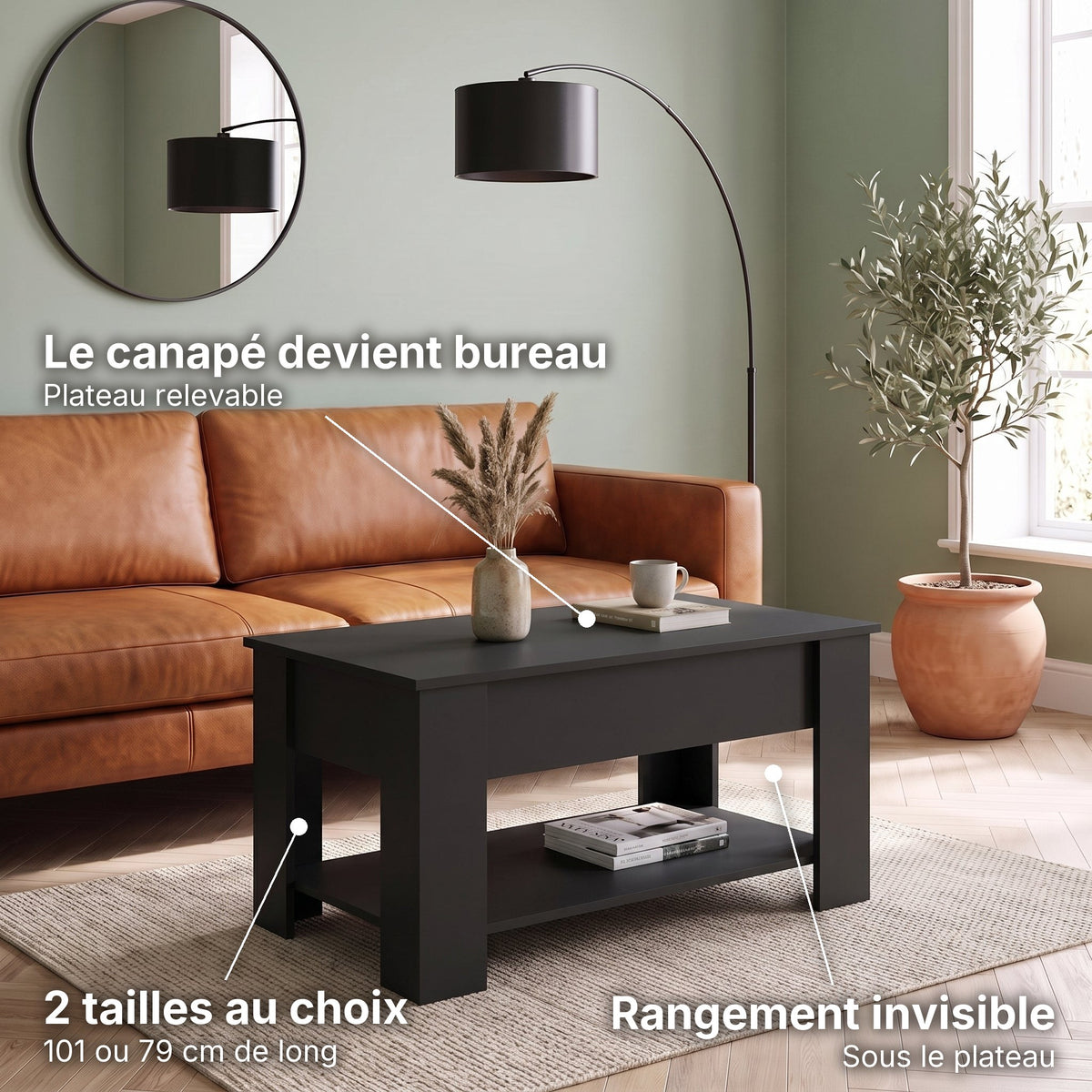 Table basse relevable avec rangement Onda noir , 101 × 49 × 52 cm : le canapé devient bureau (Plateau relevable), rangement invisible (Sous le plateau), 2 tailles au choix (101 ou 79 cm de long) #Couleur_Noir #Dimensions_101 × 49 × 52 cm