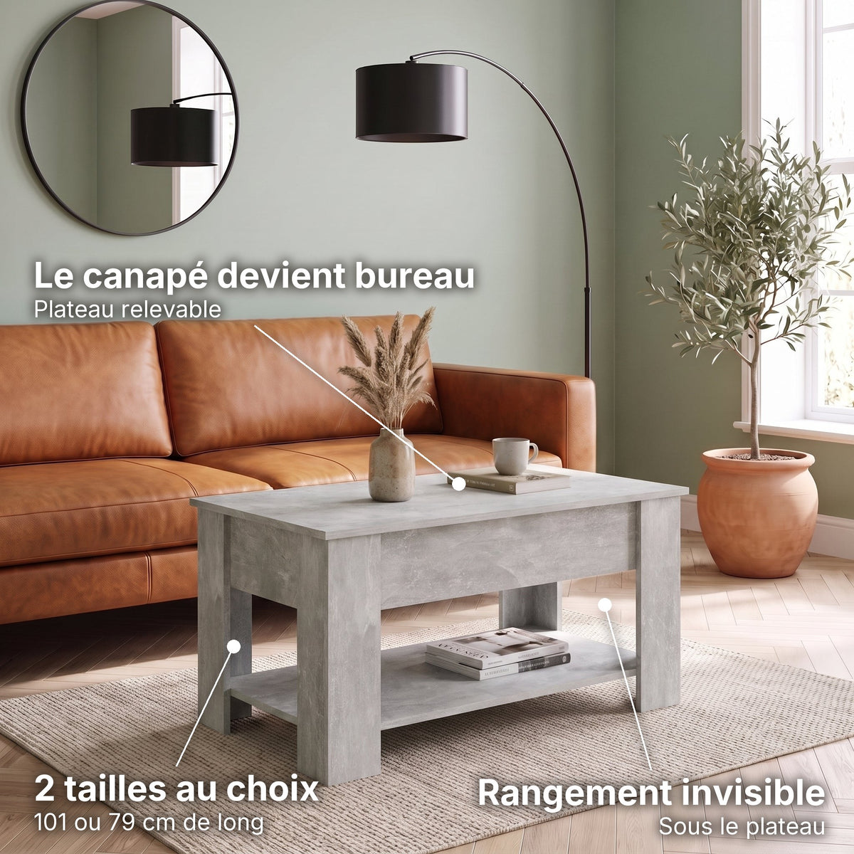 Table basse relevable avec rangement Onda gris béton , 101 × 49 × 52 cm : le canapé devient bureau (Plateau relevable), rangement invisible (Sous le plateau), 2 tailles au choix (101 ou 79 cm de long) #Couleur_Gris béton #Dimensions_101 × 49 × 52 cm