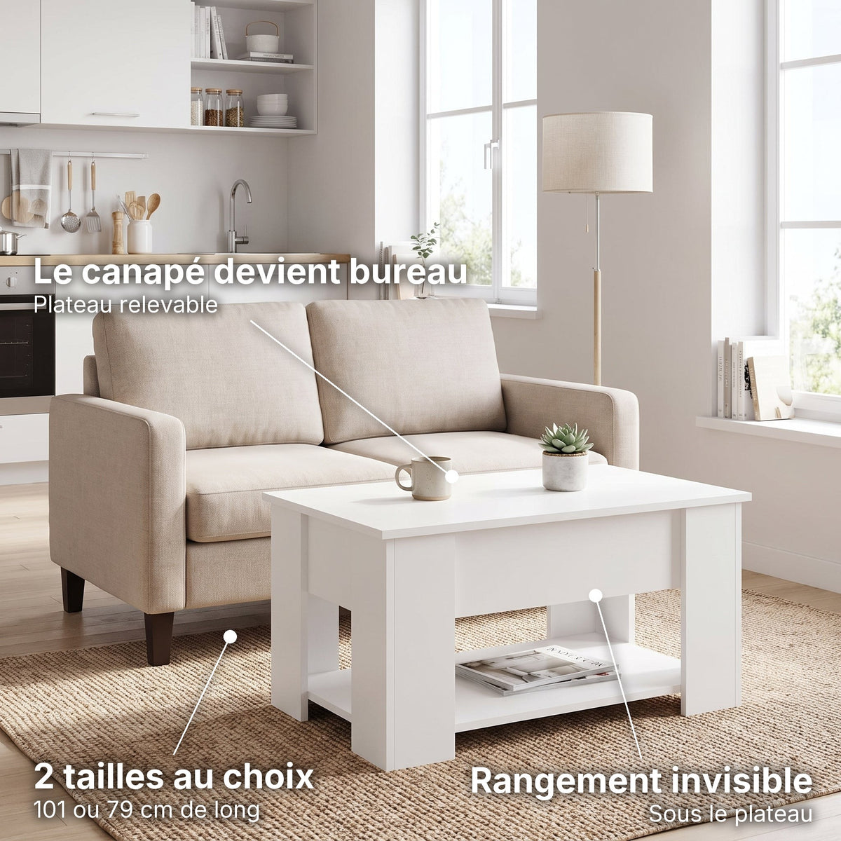 Table basse relevable avec rangement Onda blanc , 79 × 49 × 41 cm : le canapé devient bureau (Plateau relevable), rangement invisible (Sous le plateau), 2 tailles au choix (101 ou 79 cm de long) #Couleur_Blanc #Dimensions_79 × 49 × 41 cm