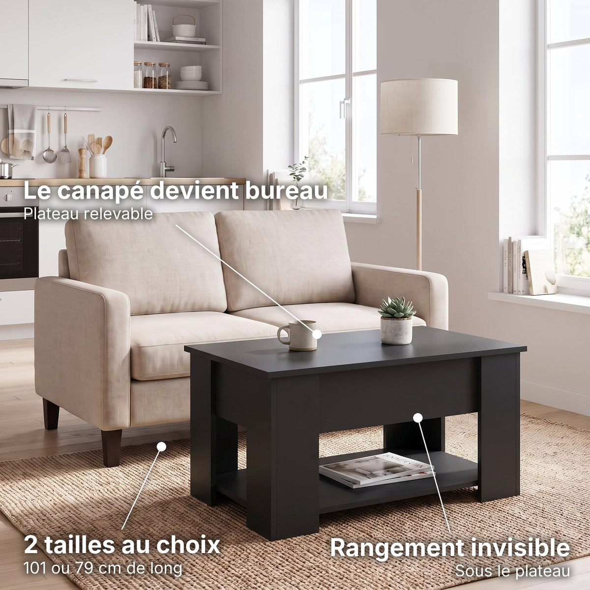 Table basse relevable avec rangement Onda noir , 79 × 49 × 41 cm : le canapé devient bureau (Plateau relevable), rangement invisible (Sous le plateau), 2 tailles au choix (101 ou 79 cm de long) #Couleur_Noir #Dimensions_79 × 49 × 41 cm