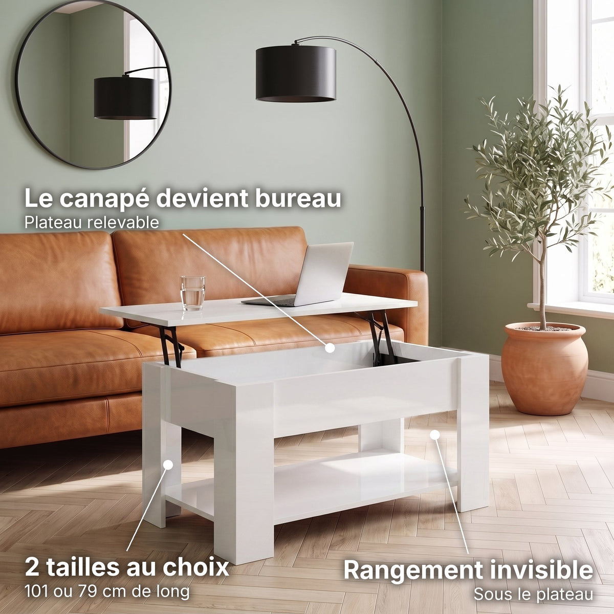 Table basse relevable avec rangement Onda 101 × 49 × 52 cm , blanc brillant : le canapé devient bureau (Plateau relevable), rangement invisible (Sous le plateau), 2 tailles au choix (101 ou 79 cm de long) #Dimensions_101 × 49 × 52 cm #Couleur_Blanc brillant