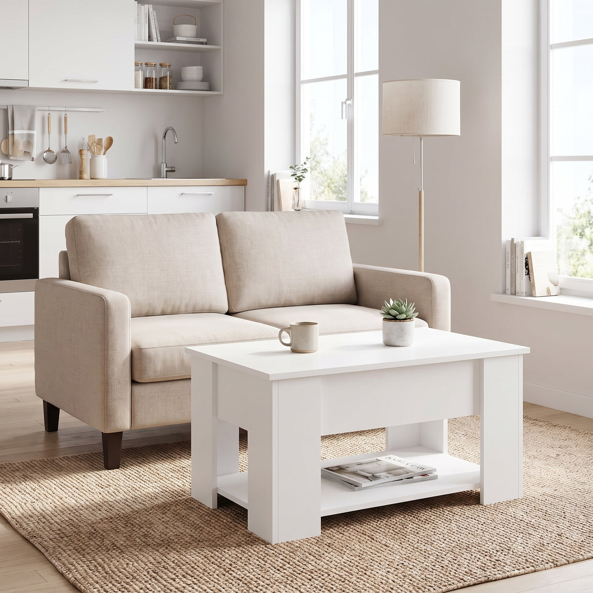 Table relevable Onda, blanc, en situation studio #Couleur_Blanc #Dimensions_79 × 49 × 41 cm