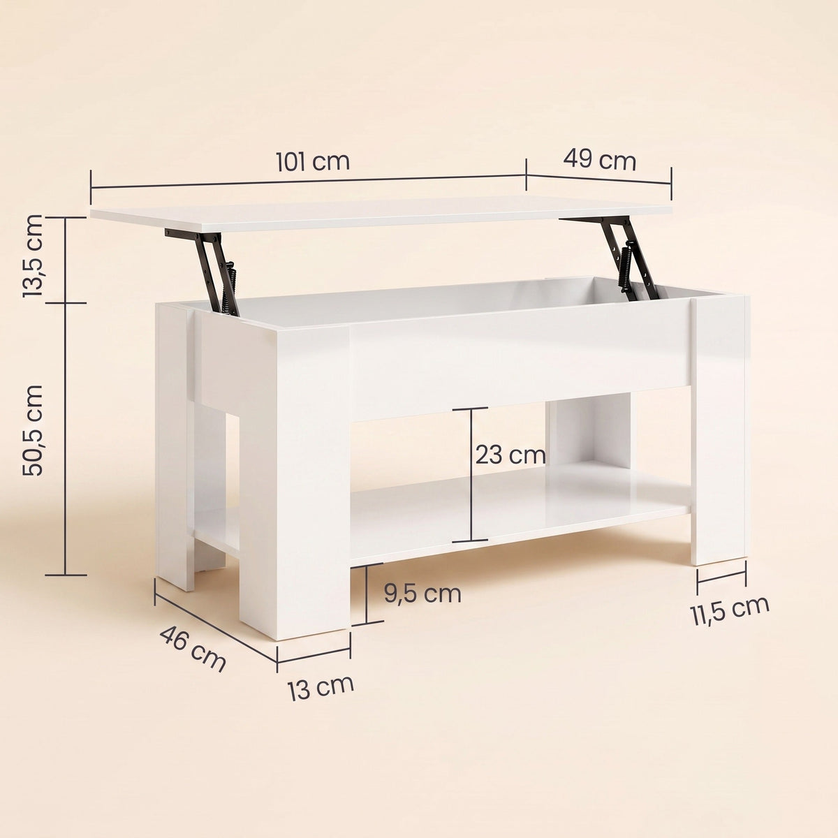 Dimensions de la table Onda 101 × 49 cm : hauteur 50,5 cm, plateau relevable + 13,5 cm #Dimensions_101 × 49 × 52 cm #Couleur_Blanc brillant