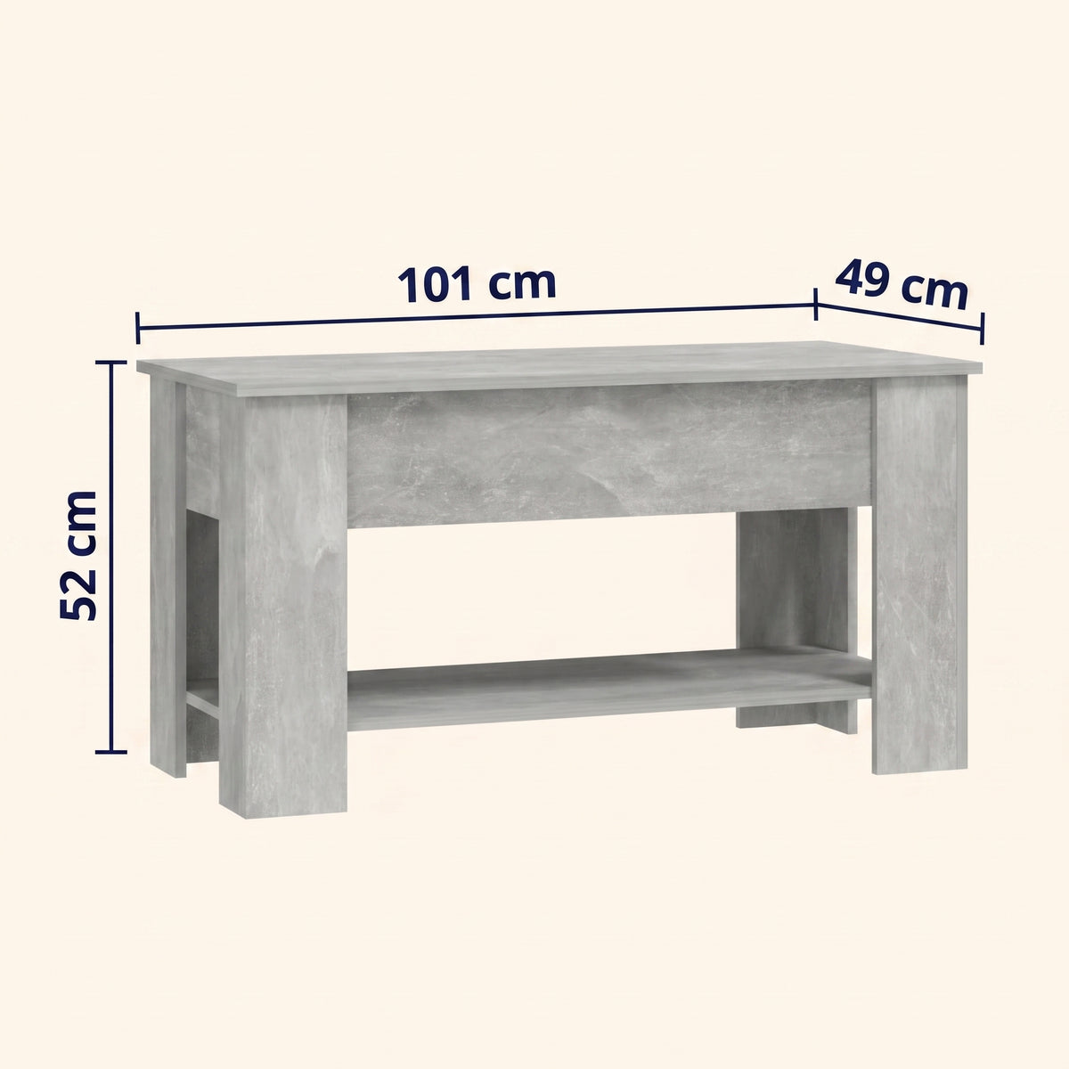 Table relevable Onda, gris béton, dimensions cotées #Couleur_Gris béton #Dimensions_101 × 49 × 52 cm