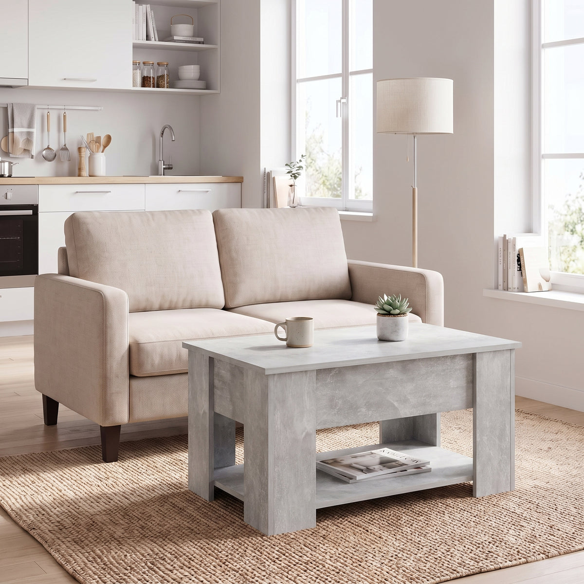 Table relevable Onda, gris béton, en situation studio #Couleur_Gris béton #Dimensions_79 × 49 × 41 cm