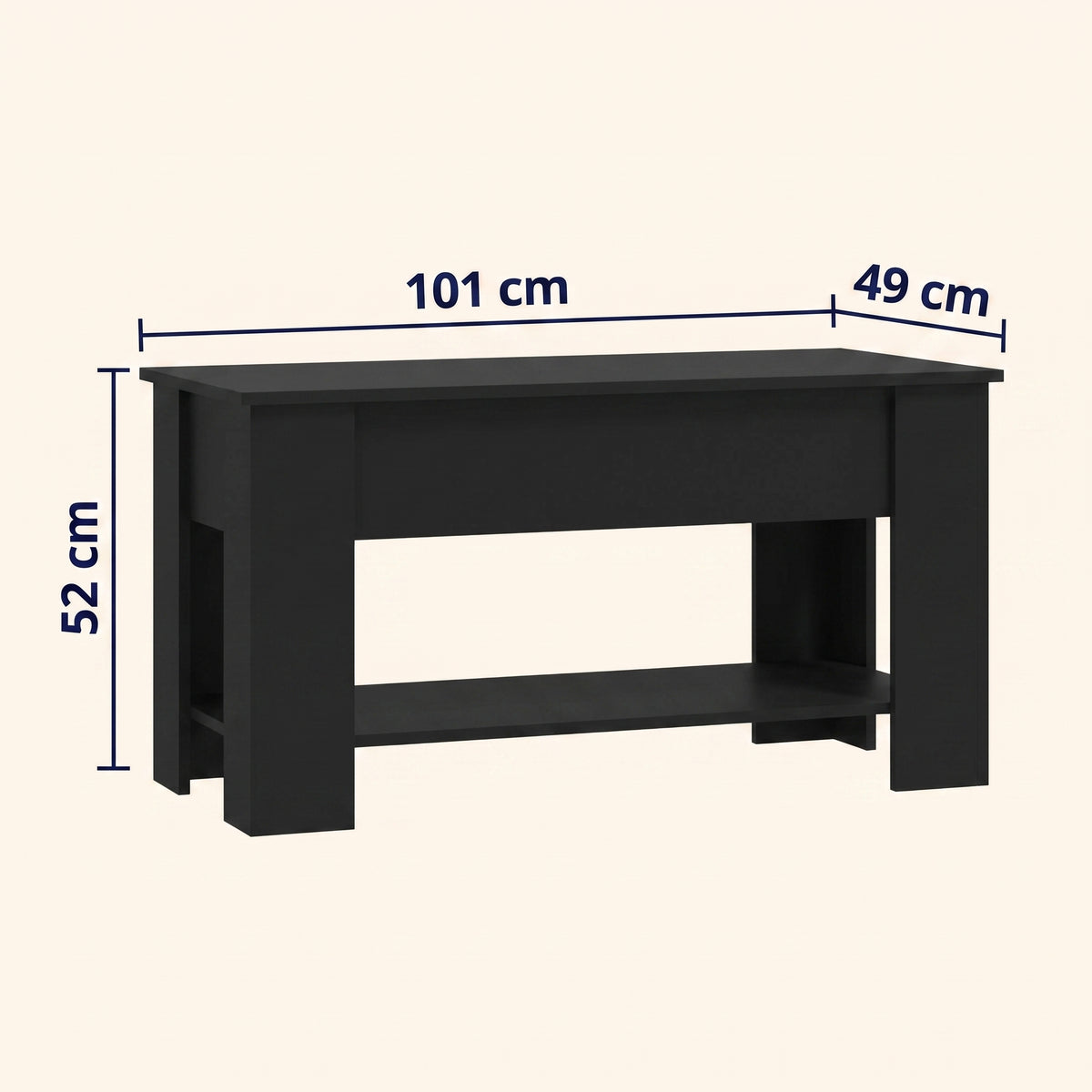 Table relevable Onda, noir, dimensions cotées #Couleur_Noir #Dimensions_101 × 49 × 52 cm