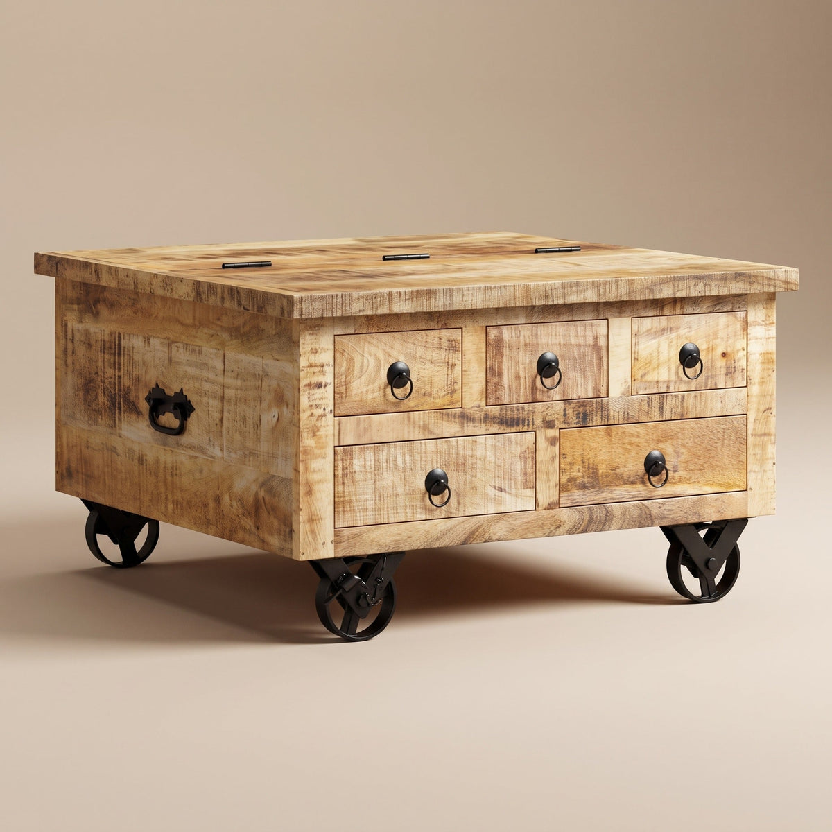 Table basse coffre Origo en manguier brut, 5 tiroirs et roulettes métal