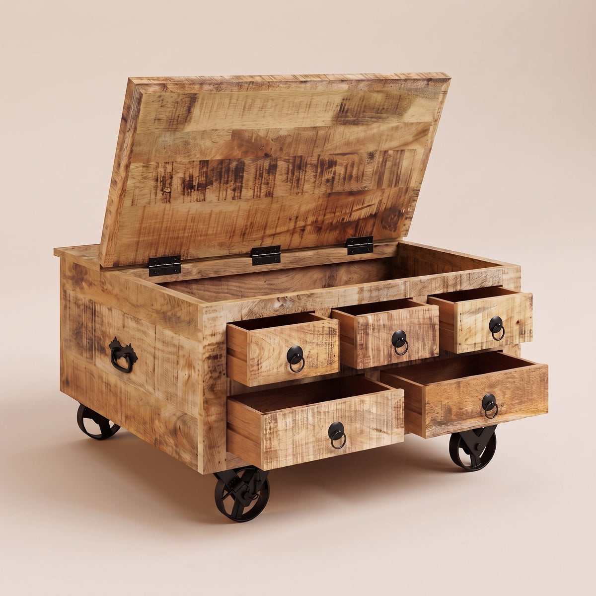 Table Origo couvercle relevé et tiroirs ouverts — rangement intégré