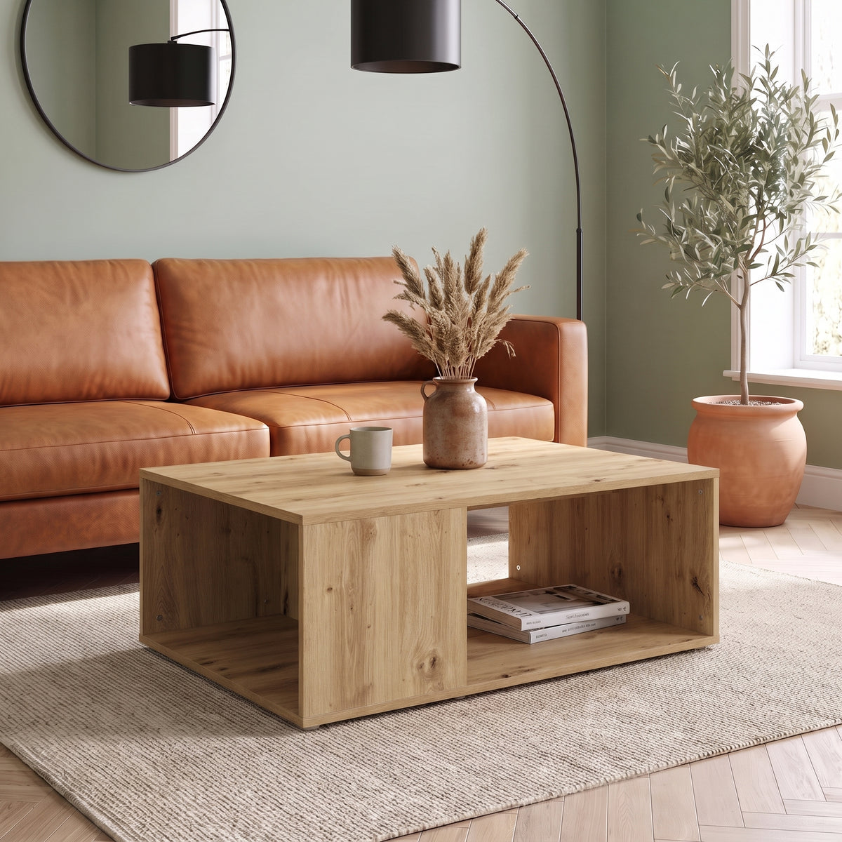 Table basse Otava, chêne artisanal, dans un salon en journée #Couleur_Chêne artisanal