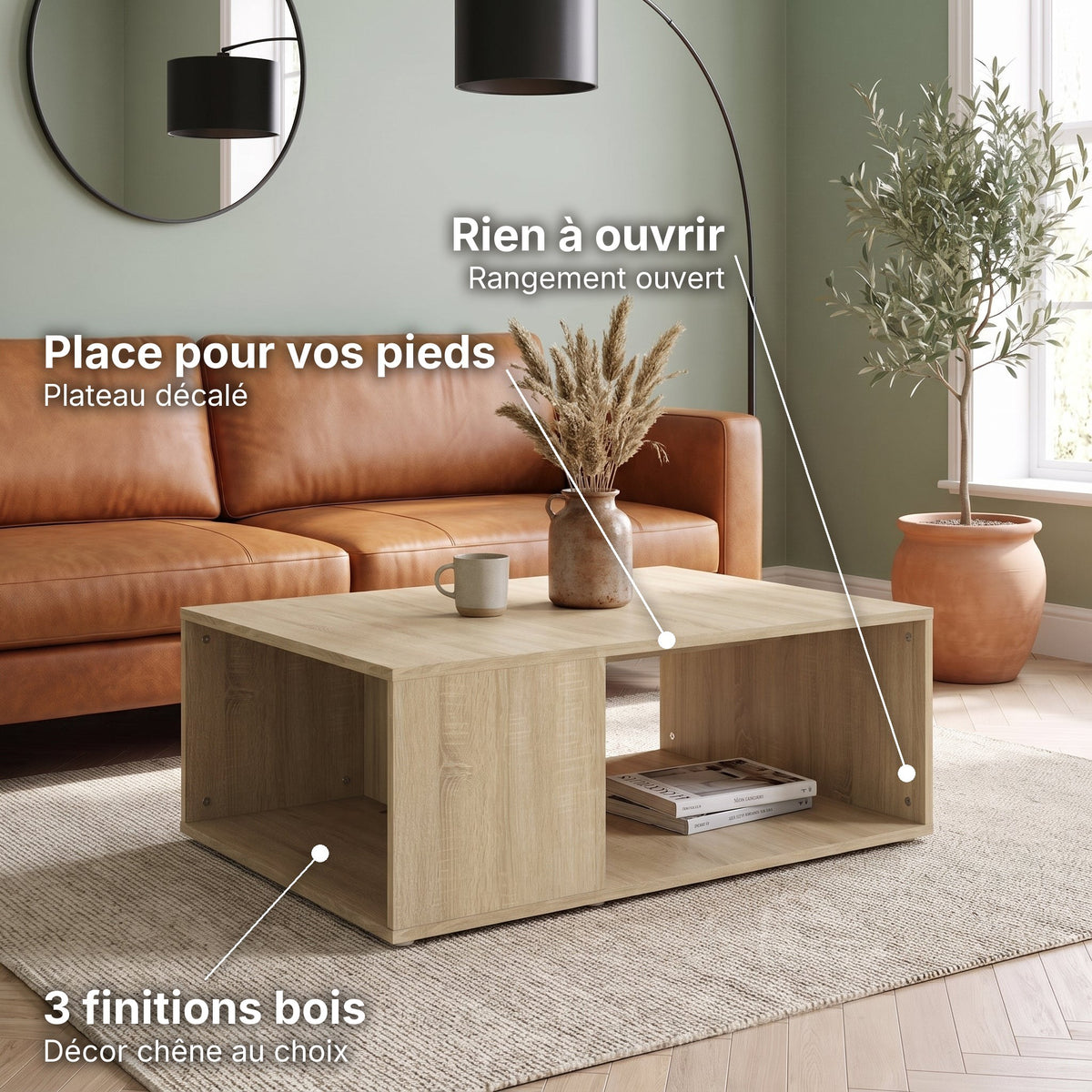 Table basse design décor bois avec niche Otava chêne sonoma : place pour vos pieds (Plateau décalé), rien à ouvrir (Rangement ouvert), 3 finitions bois (Décor chêne au choix) #Couleur_Chêne sonoma