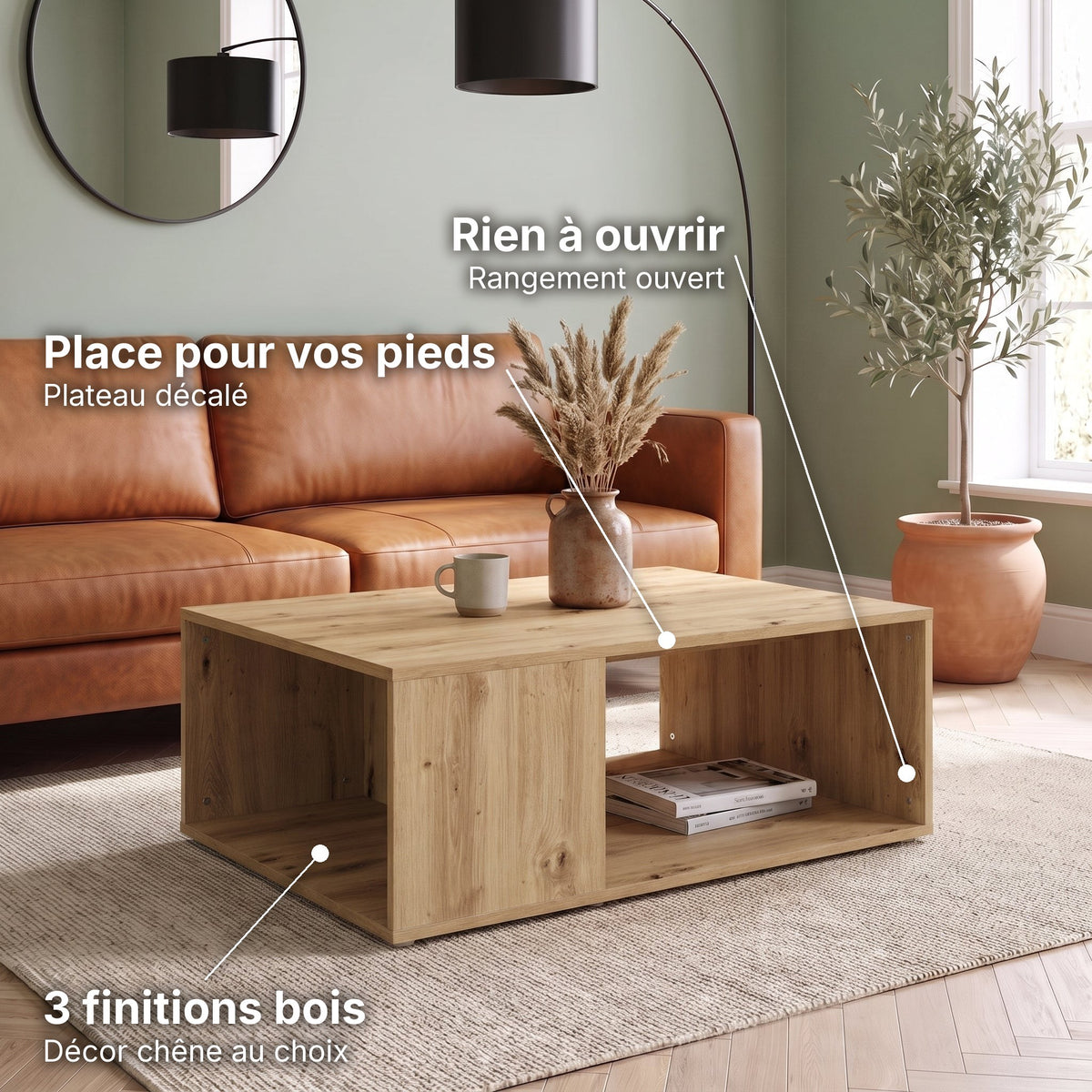 Table basse design décor bois avec niche Otava chêne artisanal : place pour vos pieds (Plateau décalé), rien à ouvrir (Rangement ouvert), 3 finitions bois (Décor chêne au choix) #Couleur_Chêne artisanal