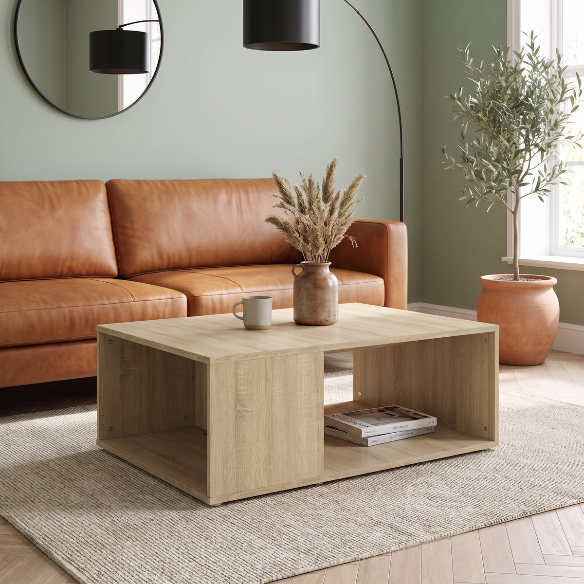 Table basse Otava, chêne sonoma, dans un salon en journée #Couleur_Chêne sonoma