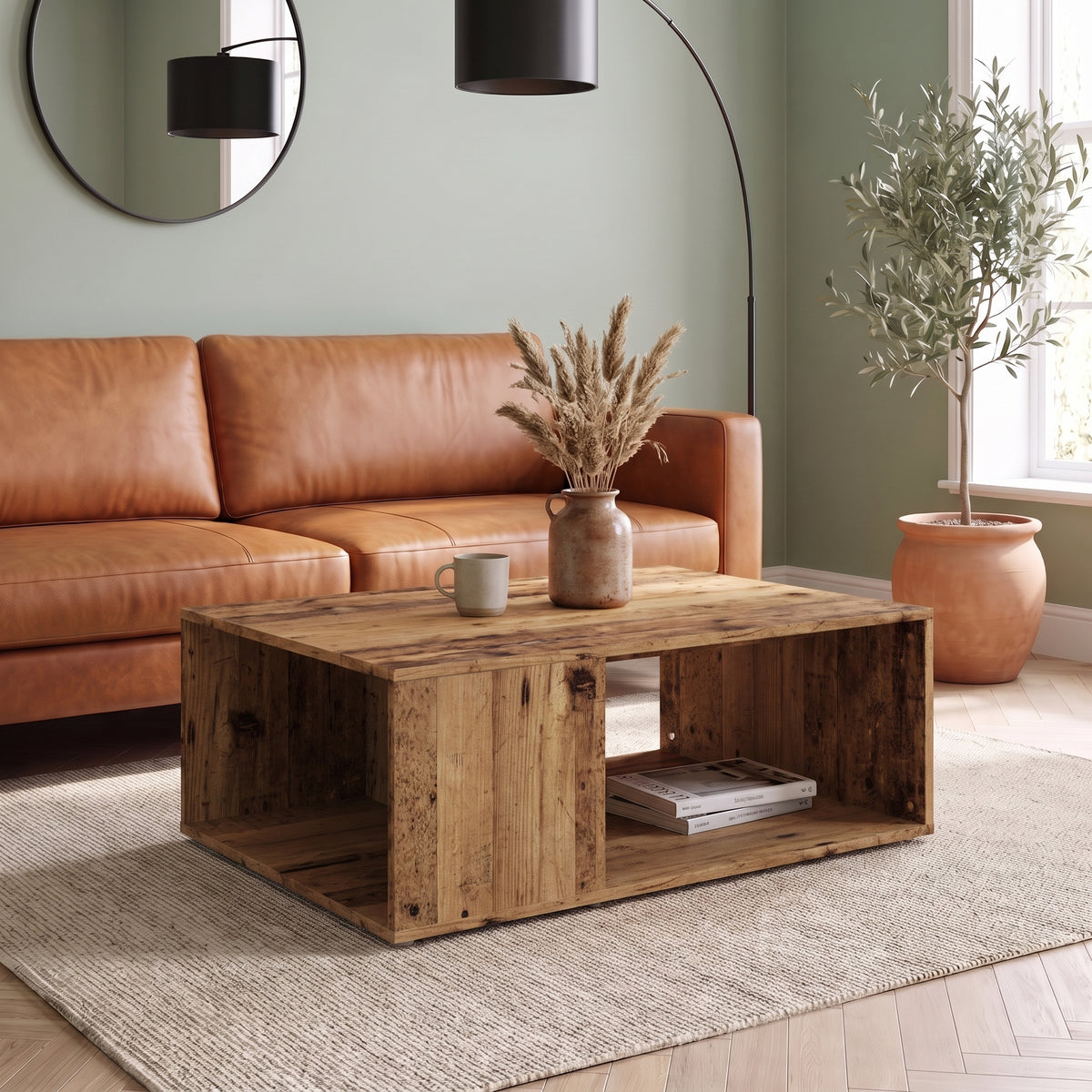 Table basse Otava, vieux bois, dans un salon en journée #Couleur_Vieux bois