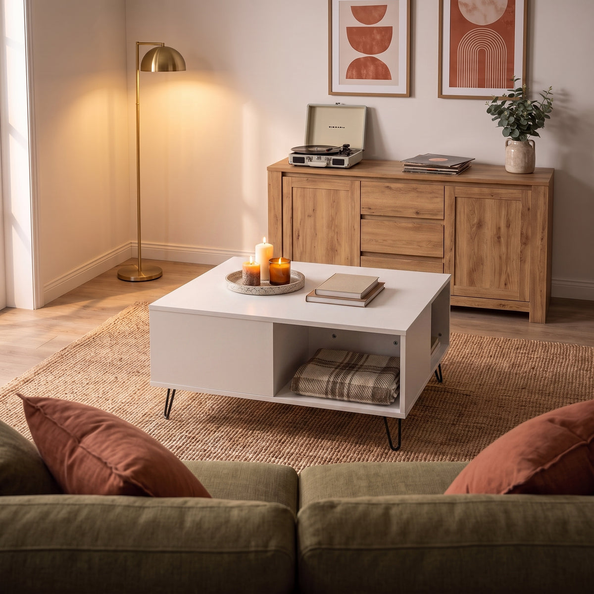 Table avec rangement Quadra, blanc, ambiance soirée #Couleur_Blanc