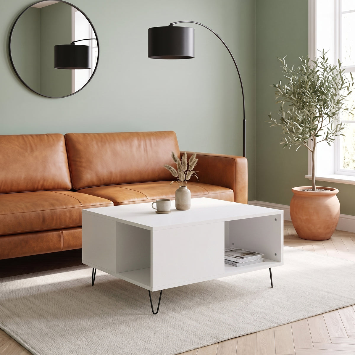 Table avec rangement Quadra, blanc, dans un salon en journée #Couleur_Blanc