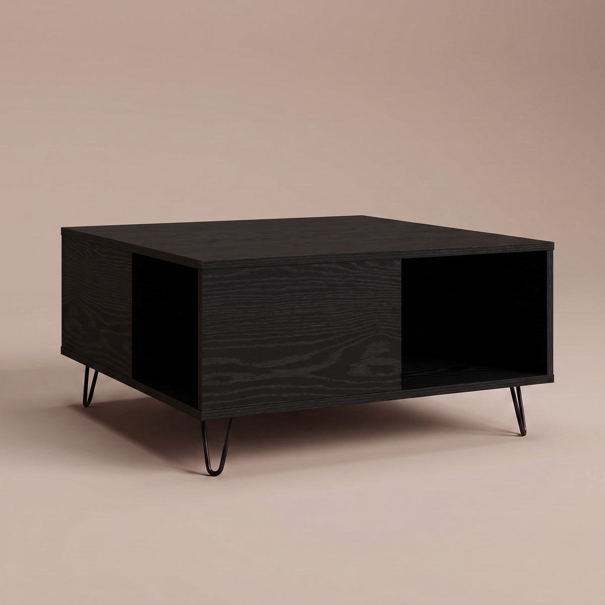 Table avec rangement Quadra, chêne noir, vue 3/4 #Couleur_Chêne noir