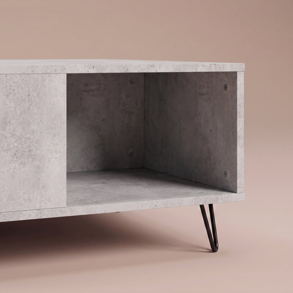 Table avec rangement Quadra, gris béton, zoom sur la niche et son fond #Couleur_Gris béton