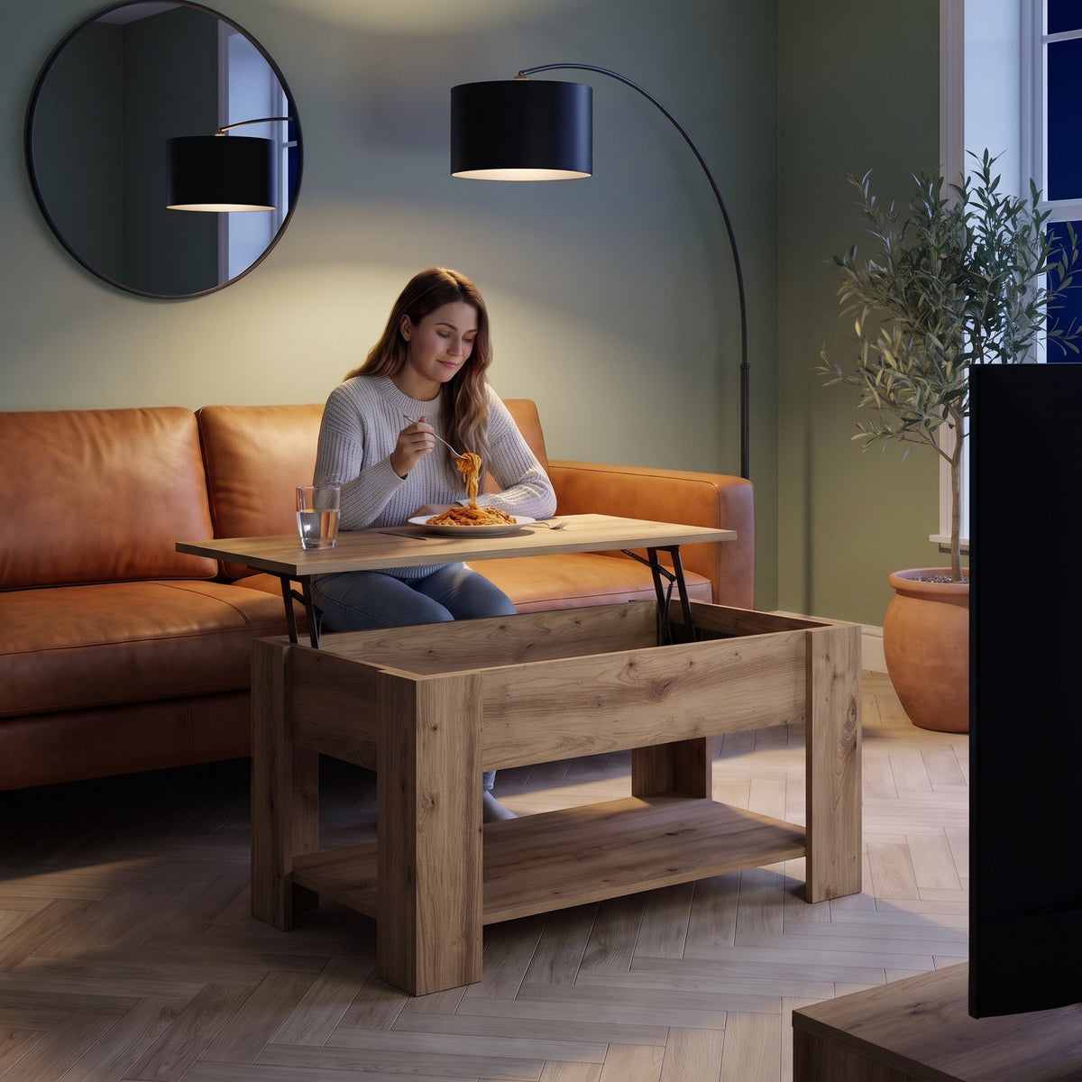 Aveline chêne artisanal 101 cm au quotidien : dîner devant un film sur le plateau relevé #Dimensions_101 × 49 × 52 cm #Couleur_Chêne artisanal