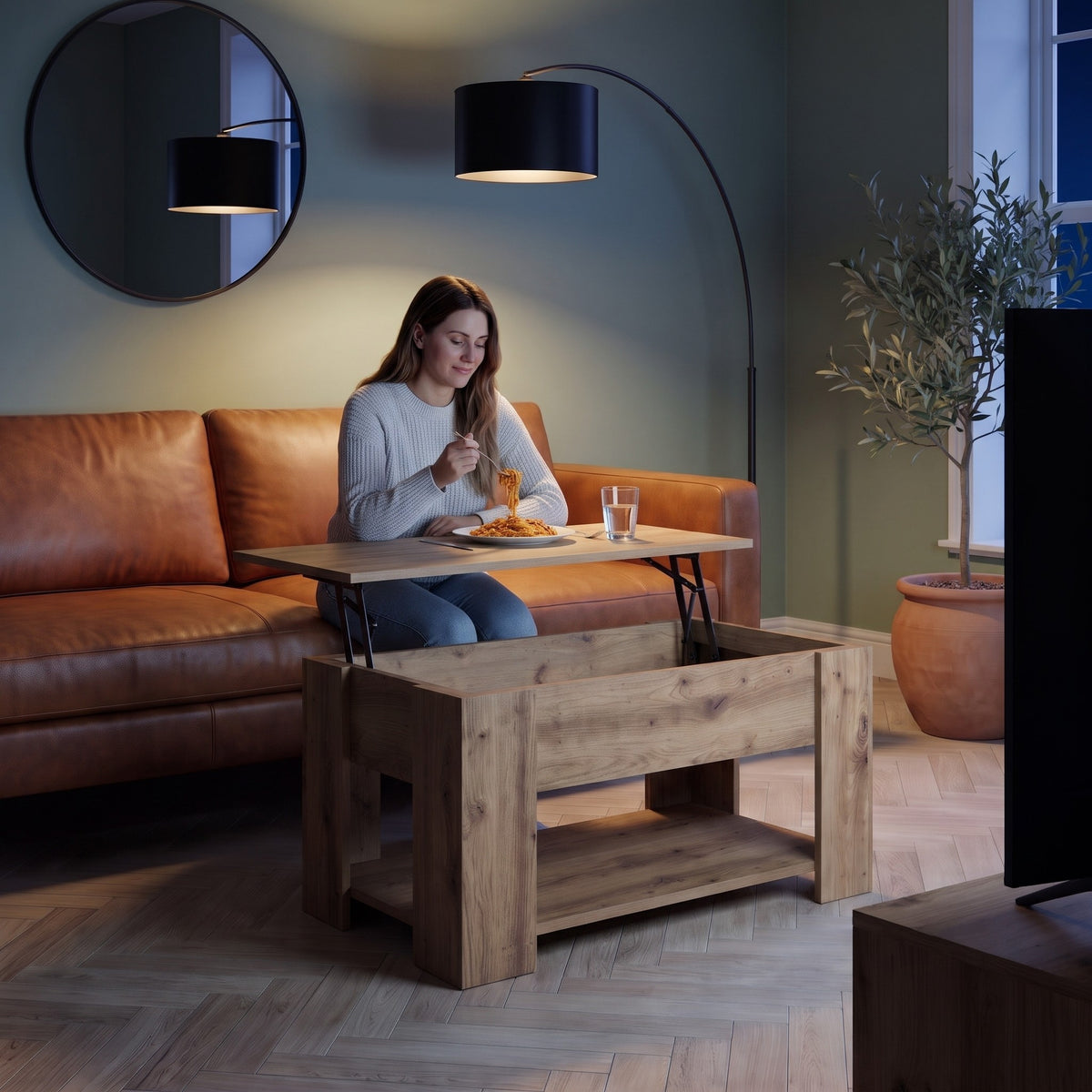 Aveline chêne artisanal 79 cm au quotidien : dîner devant un film sur le plateau relevé #Dimensions_79 × 49 × 41 cm #Couleur_Chêne artisanal