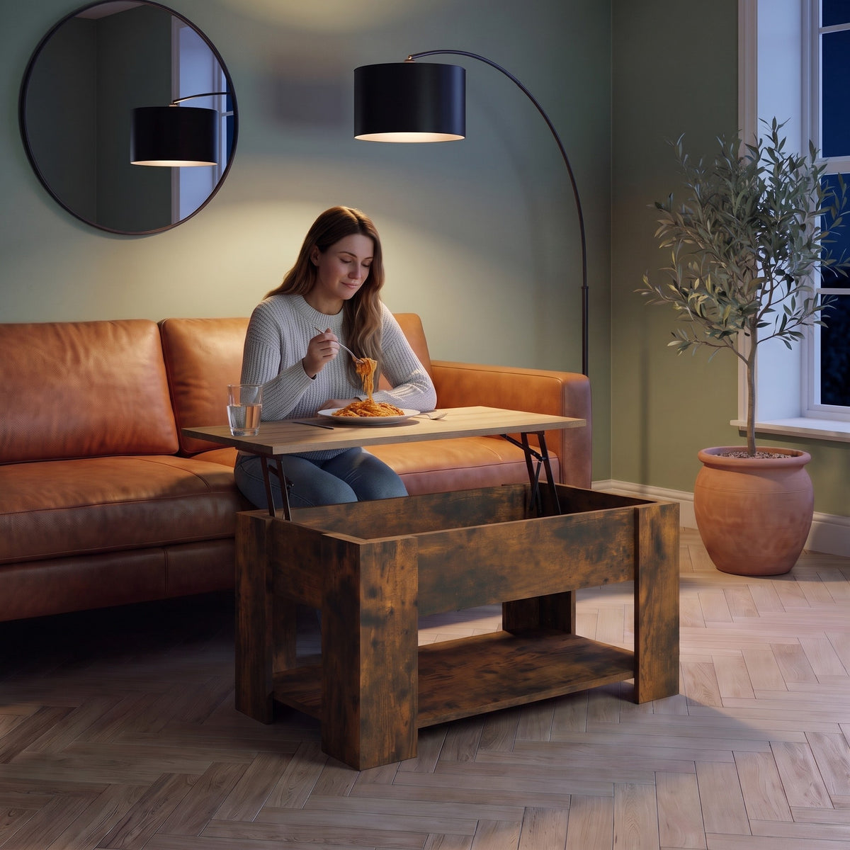 Aveline chêne fumé 79 cm au quotidien : dîner devant un film sur le plateau relevé #Dimensions_79 × 49 × 41 cm #Couleur_Chêne fumé