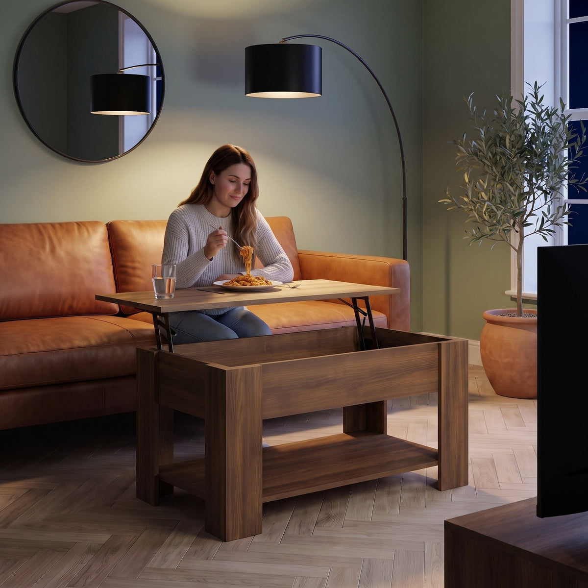 Aveline chêne marron 101 cm au quotidien : dîner devant un film sur le plateau relevé #Dimensions_101 × 49 × 52 cm #Couleur_Chêne marron
