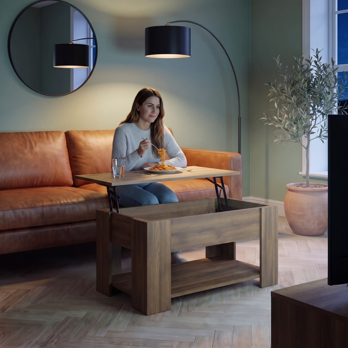 Aveline chêne marron 79 cm au quotidien : dîner devant un film sur le plateau relevé #Dimensions_79 × 49 × 41 cm #Couleur_Chêne marron