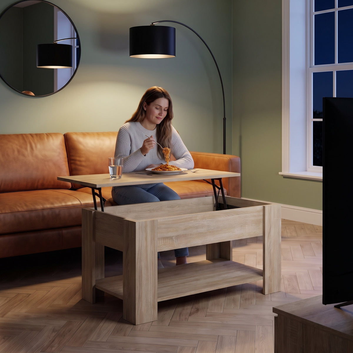 Aveline chêne Sonoma 101 cm au quotidien : dîner devant un film sur le plateau relevé #Dimensions_101 × 49 × 52 cm #Couleur_Chêne Sonoma