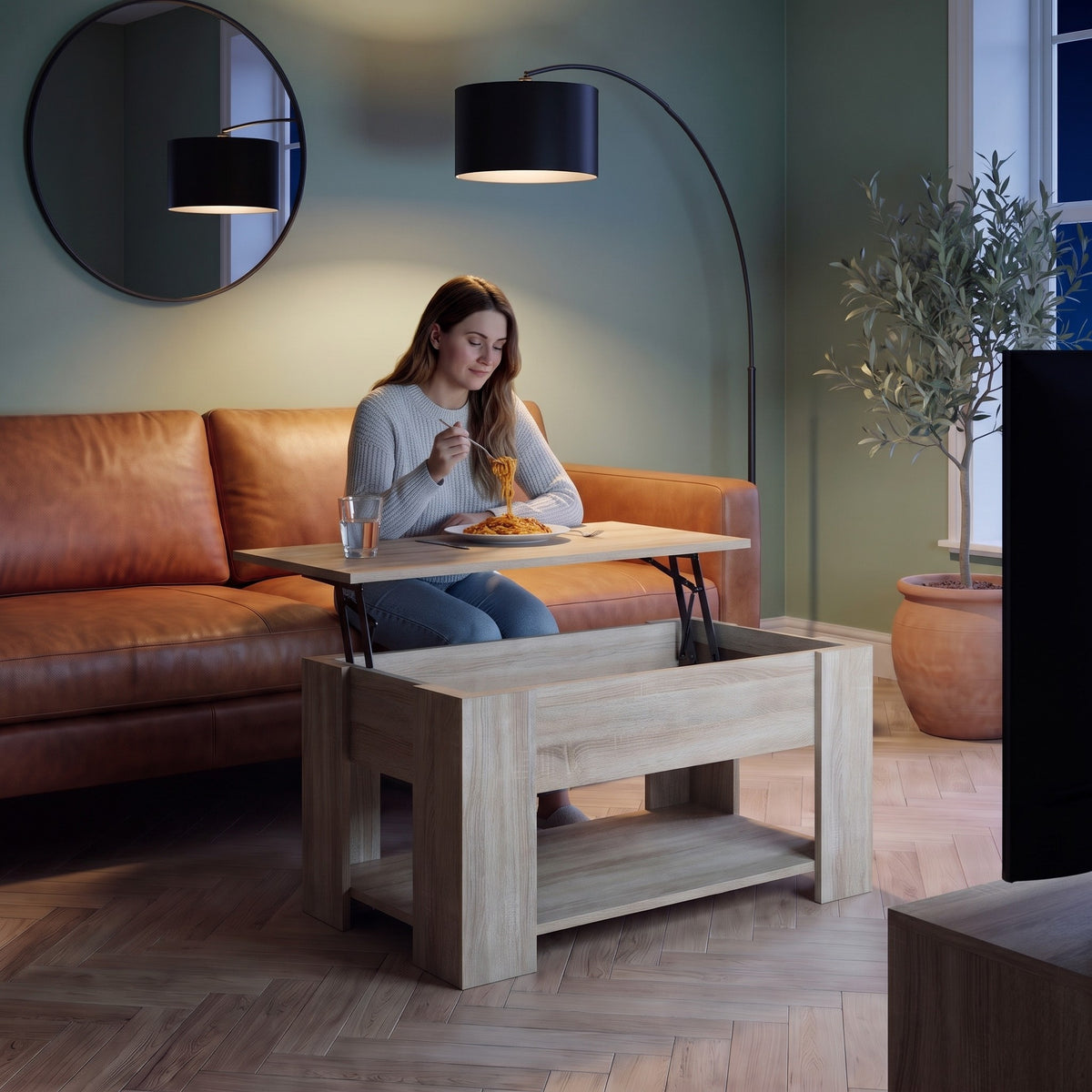 Aveline chêne Sonoma 79 cm au quotidien : dîner devant un film sur le plateau relevé #Dimensions_79 × 49 × 41 cm #Couleur_Chêne Sonoma