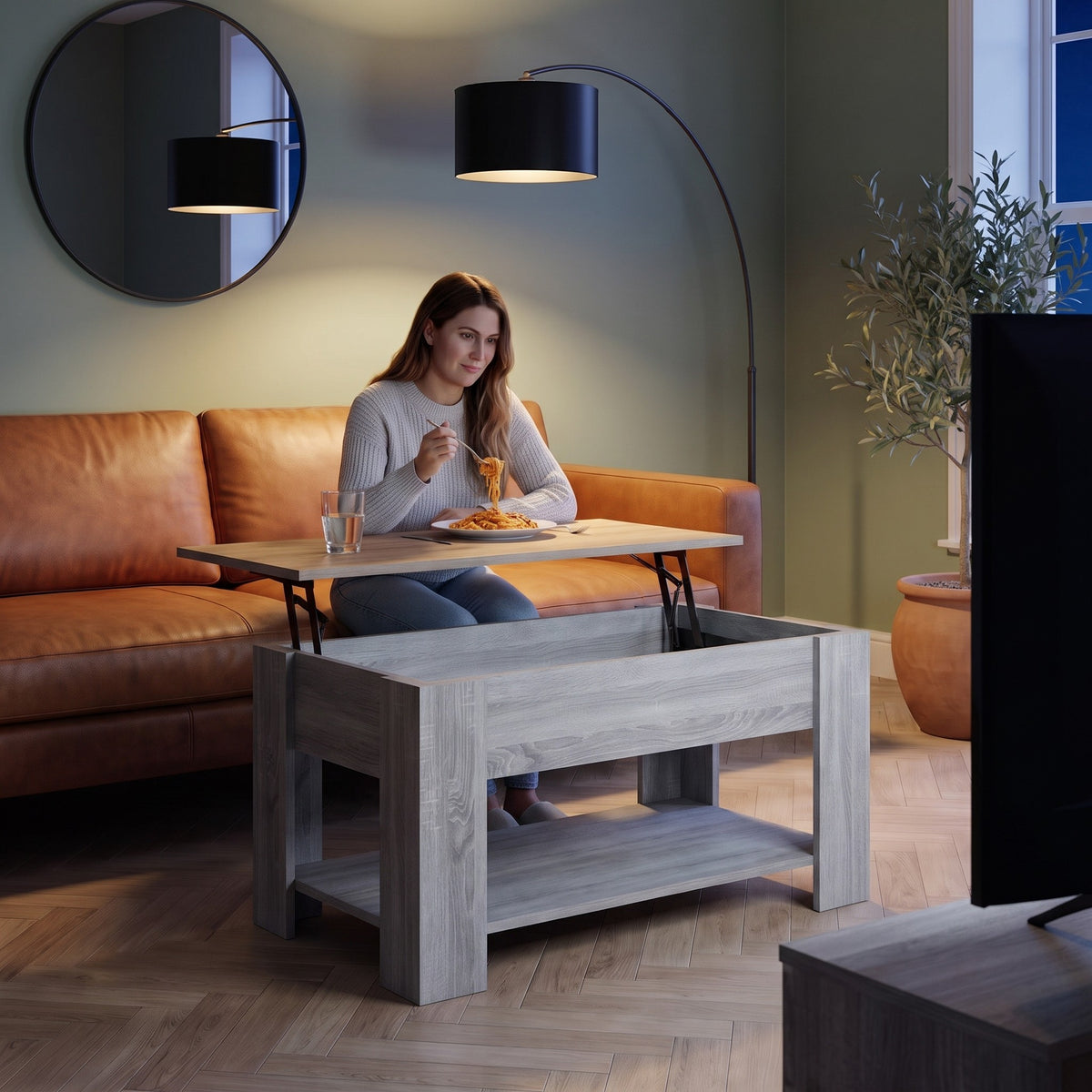 Aveline Sonoma gris 101 cm au quotidien : dîner devant un film sur le plateau relevé #Dimensions_101 × 49 × 52 cm #Couleur_Sonoma gris