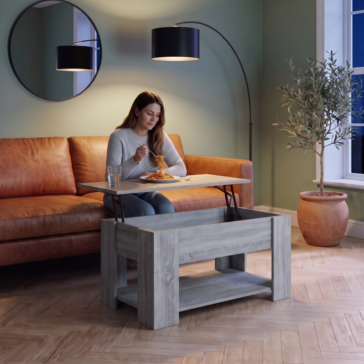 Aveline Sonoma gris 79 cm au quotidien : dîner devant un film sur le plateau relevé #Dimensions_79 × 49 × 41 cm #Couleur_Sonoma gris