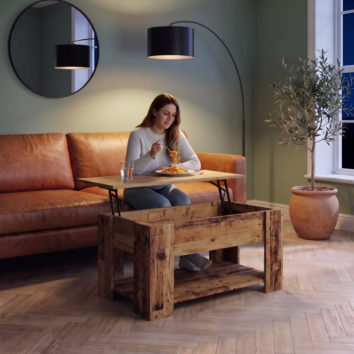 Aveline vieux bois 79 cm au quotidien : dîner devant un film sur le plateau relevé #Dimensions_79 × 49 × 41 cm #Couleur_Vieux bois