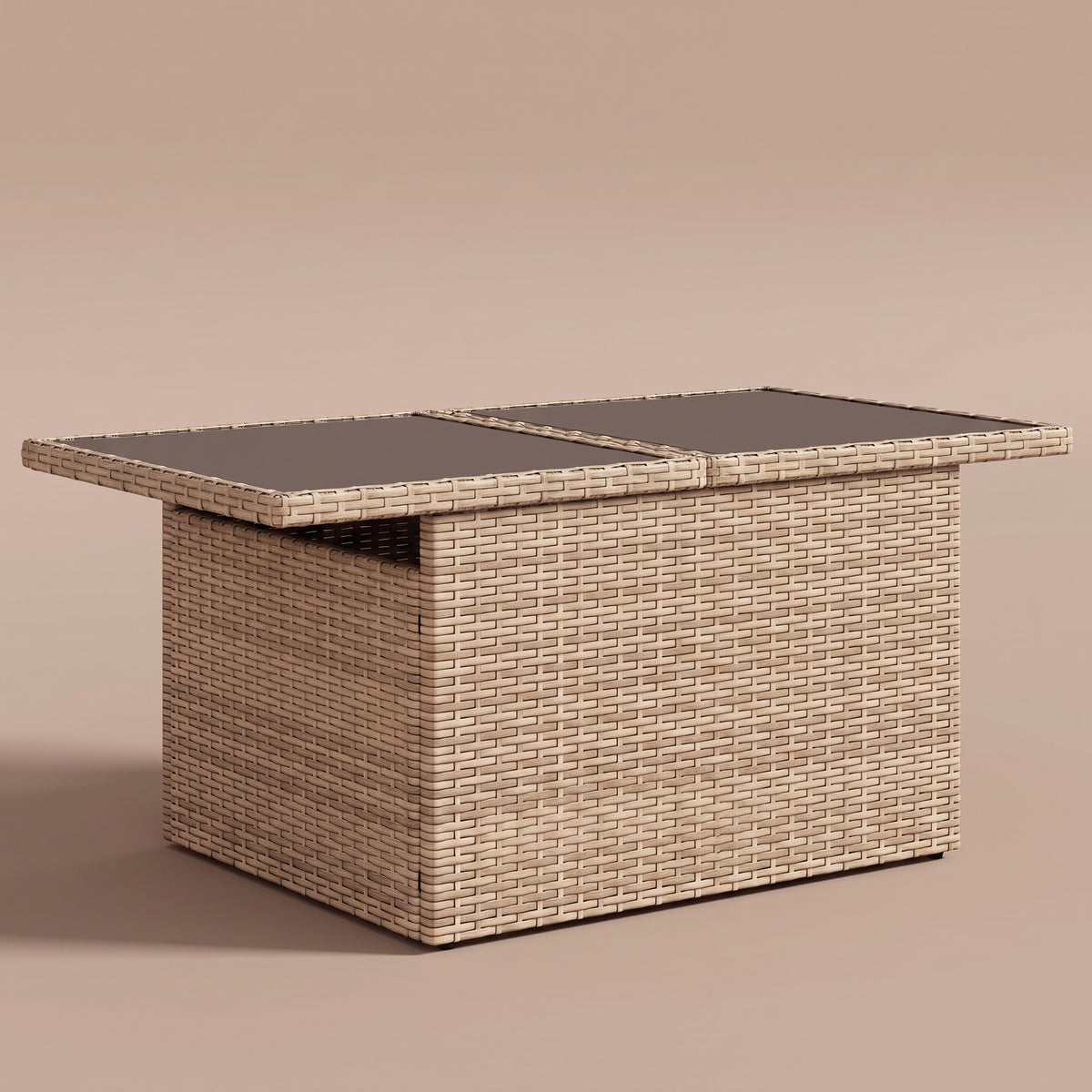 Table de jardin reglable Riviera, plateau verre, resine tressee beige, position basse 44 cm #Matériau_Verre #Couleur_Beige