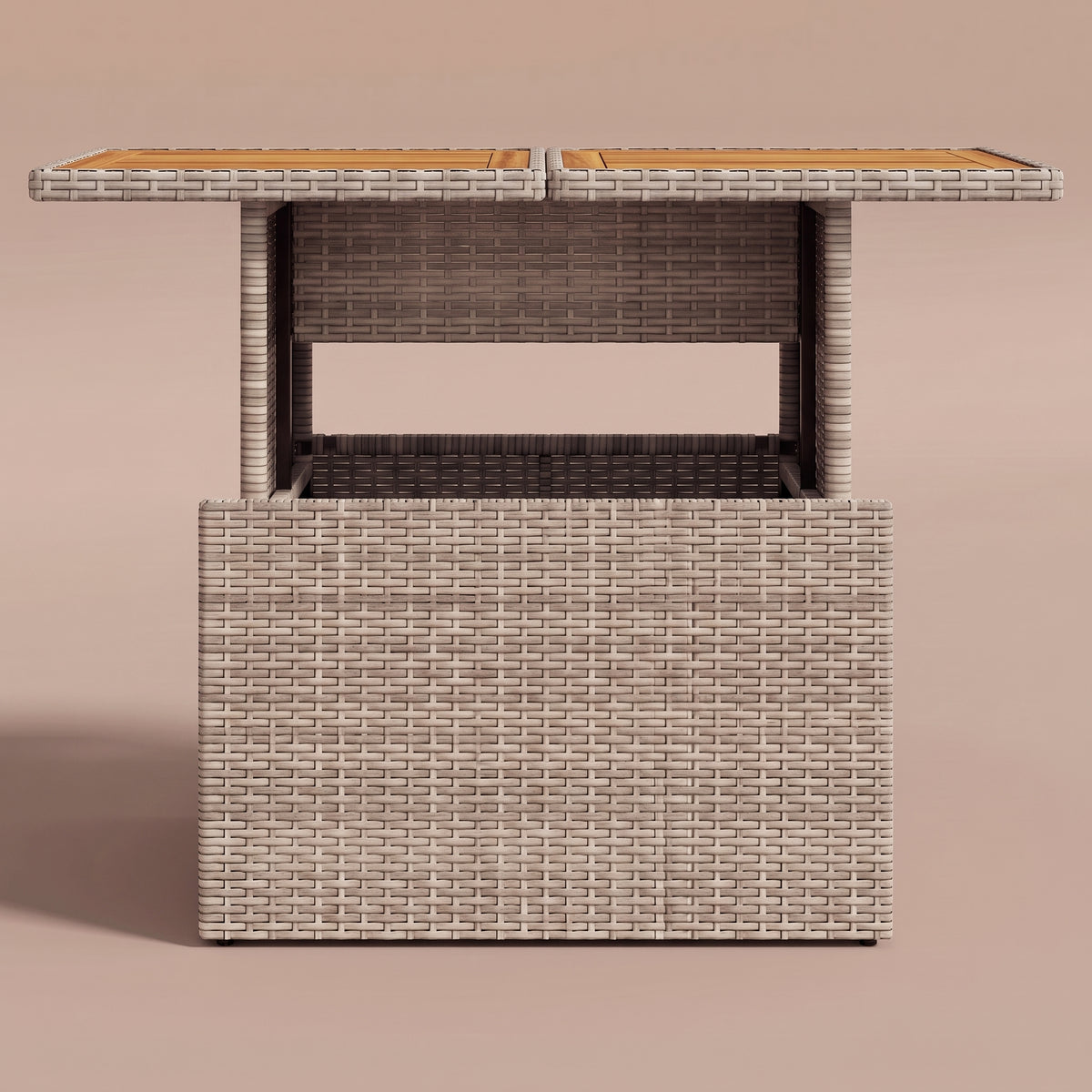 Table de jardin reglable Riviera, plateau bois, resine tressee gris, vue de face, fenetre traversante #Matériau_Bois #Couleur_Gris