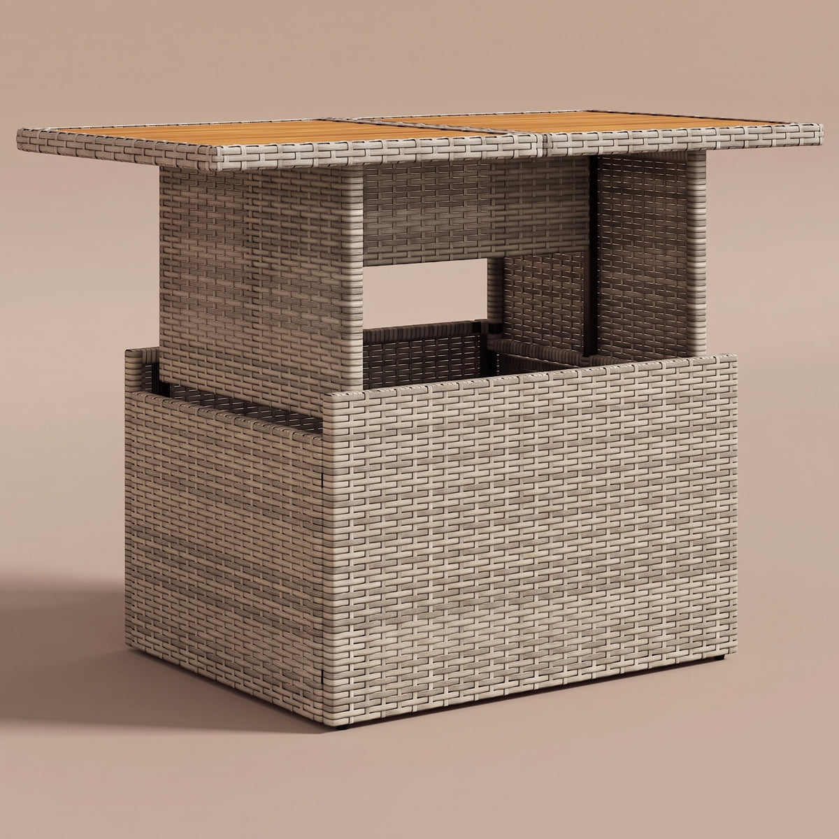 Table de jardin reglable Riviera, plateau bois, resine tressee gris, position haute, vue 3/4 #Matériau_Bois #Couleur_Gris