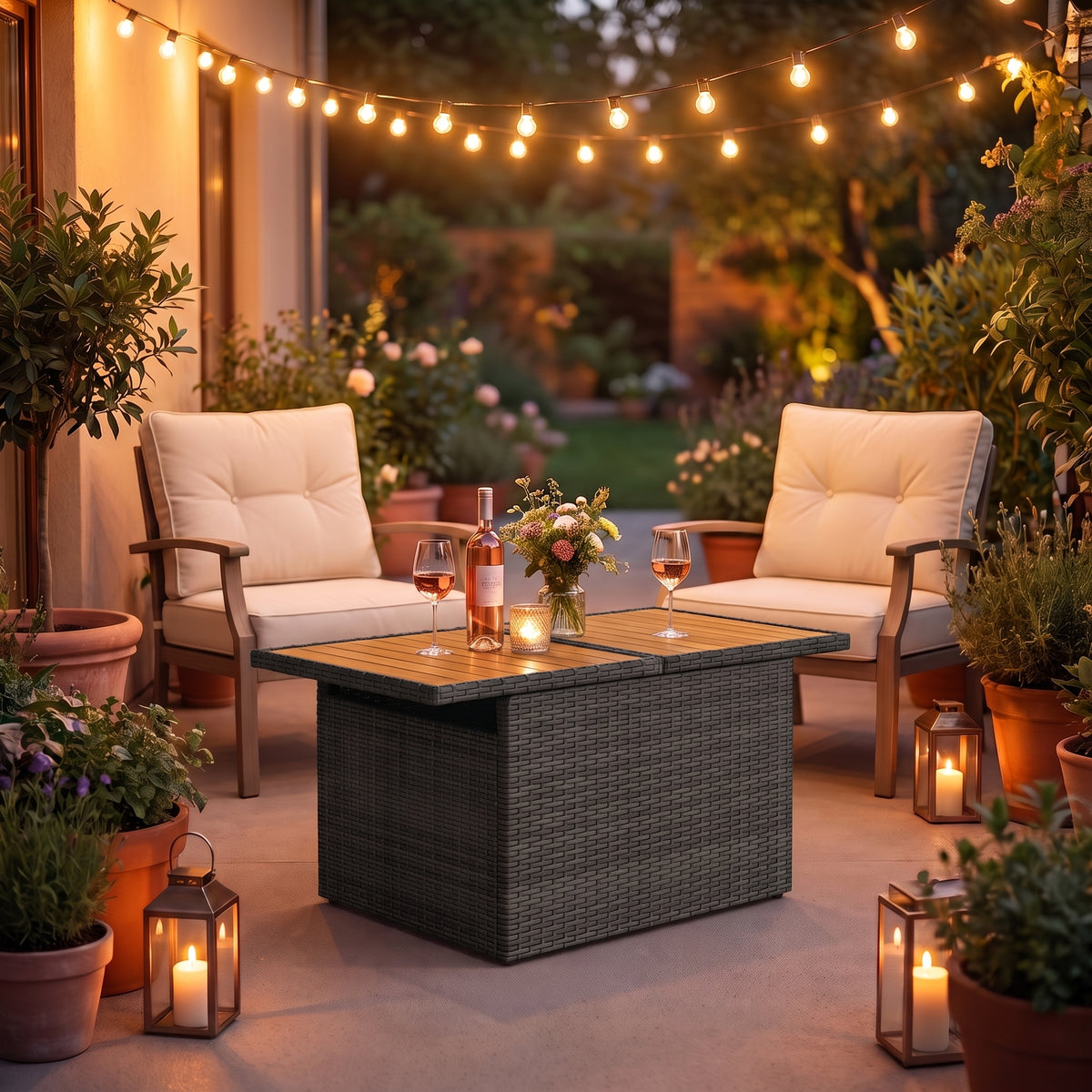 Table de jardin reglable Riviera, plateau bois, resine tressee noir, terrasse le soir #Matériau_Bois #Couleur_Noir
