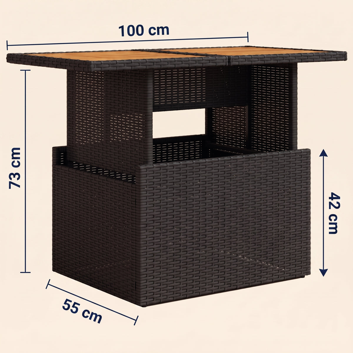 Table de jardin reglable Riviera, plateau bois, resine tressee noir, dimensions 100 x 55 cm, hauteur 44 a 73 cm #Matériau_Bois #Couleur_Noir