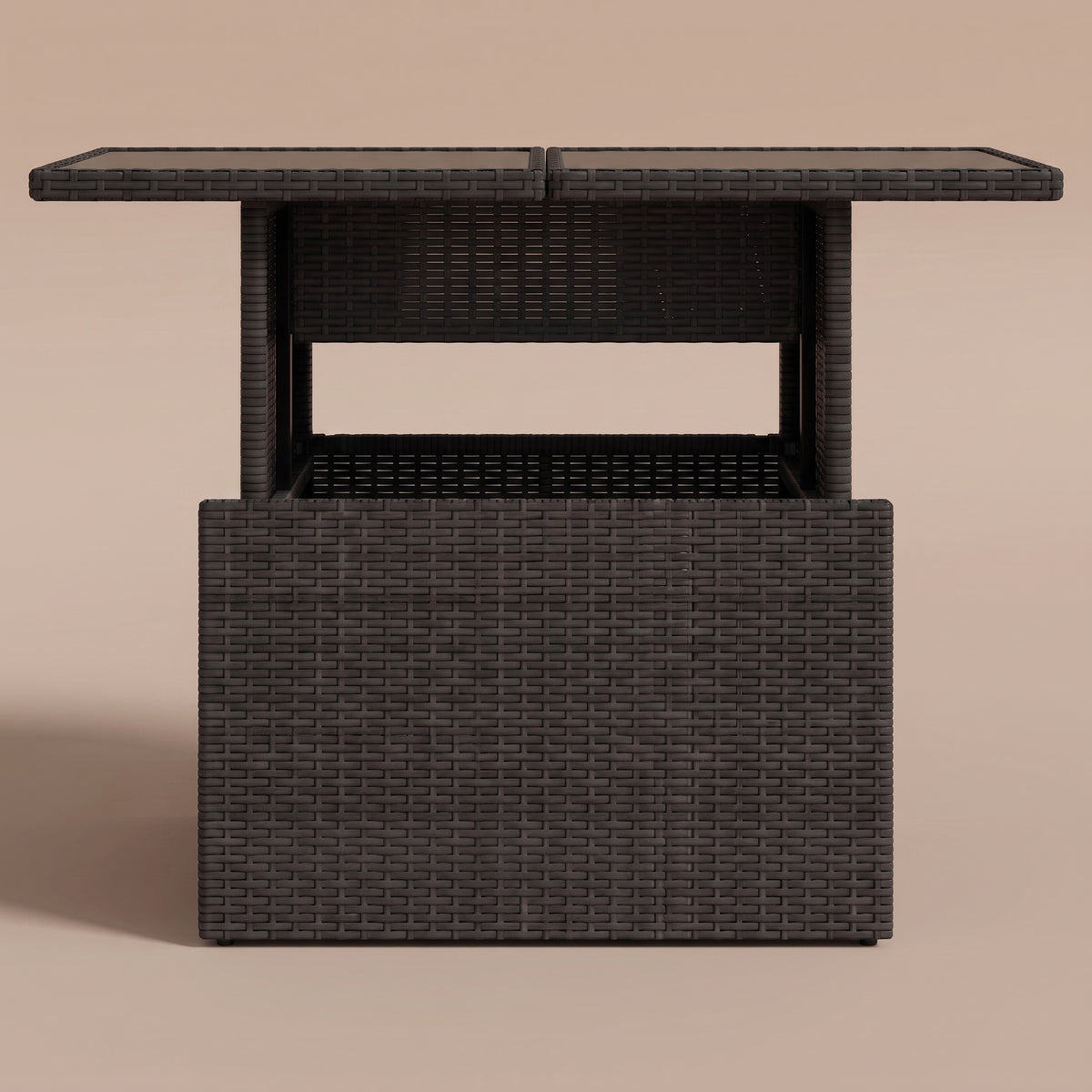 Table de jardin reglable Riviera, plateau verre, resine tressee noir, vue de face, fenetre traversante #Matériau_Verre #Couleur_Noir