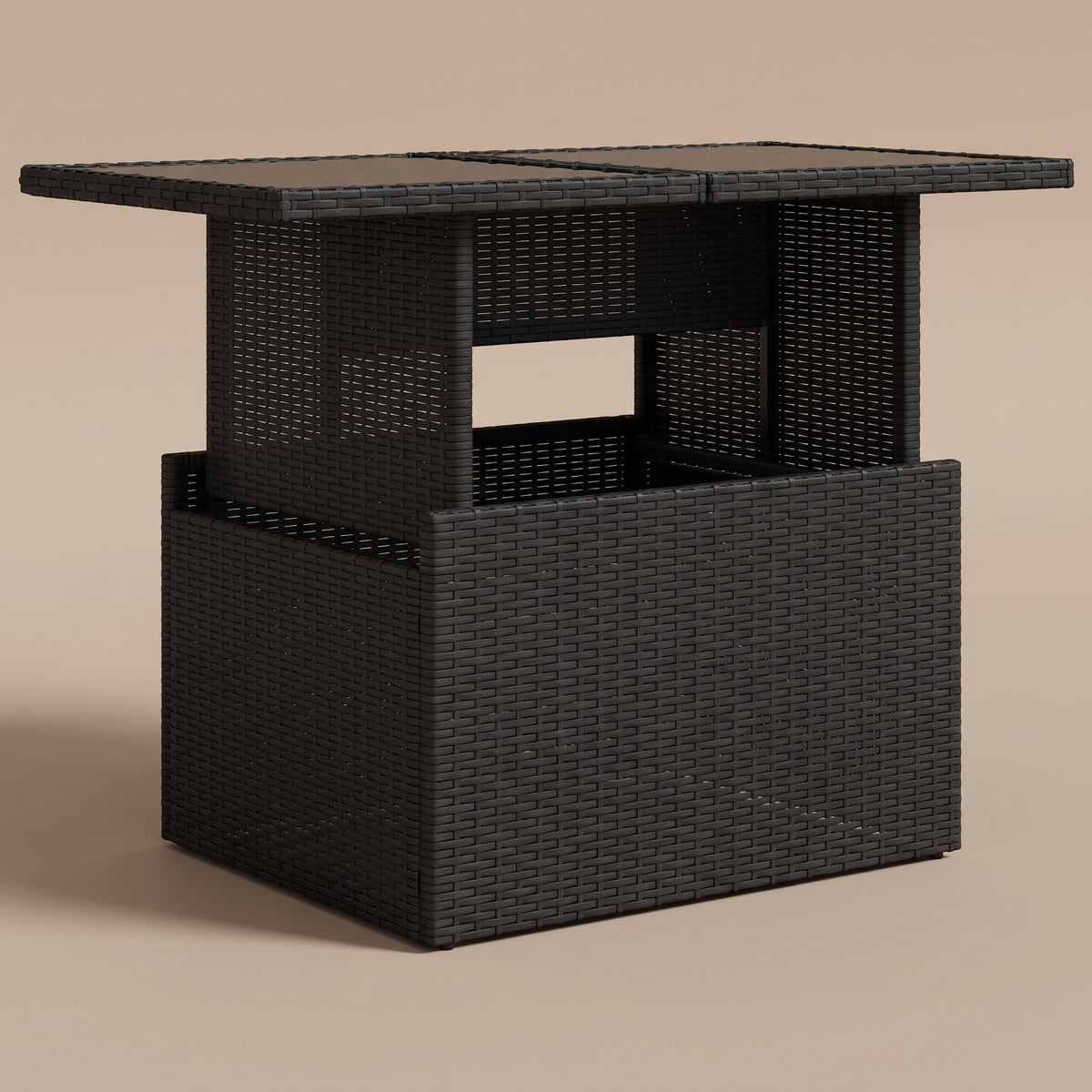 Table de jardin reglable Riviera, plateau verre, resine tressee noir, position haute, vue 3/4 #Matériau_Verre #Couleur_Noir