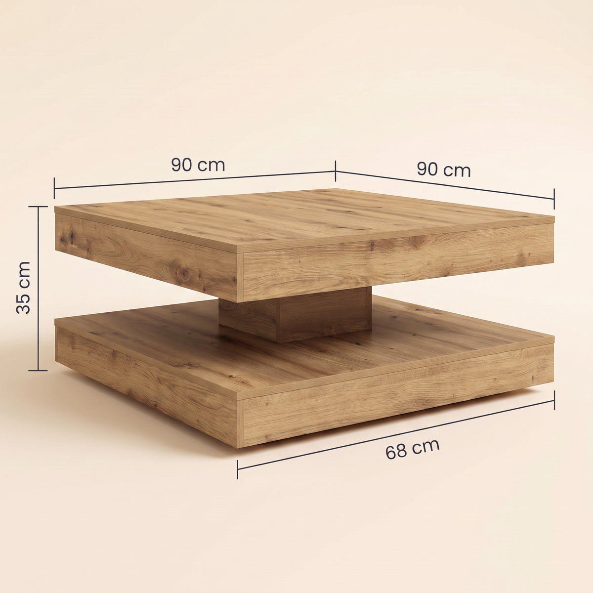Table basse rotative Rondo, chêne artisanal – dimensions 90 × 90 × 35 cm #Dimensions_90 × 90 × 35 cm #Couleur_Chêne artisanal