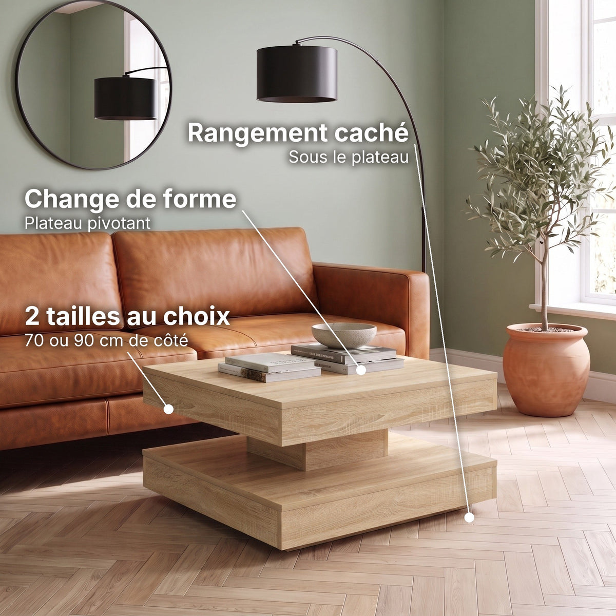 Table basse pivotante décor bois avec rangement Rondo chêne sonoma : change de forme (Plateau pivotant), rangement caché (Sous le plateau), 2 tailles au choix (70 ou 90 cm de côté) #Couleur_Chêne Sonoma