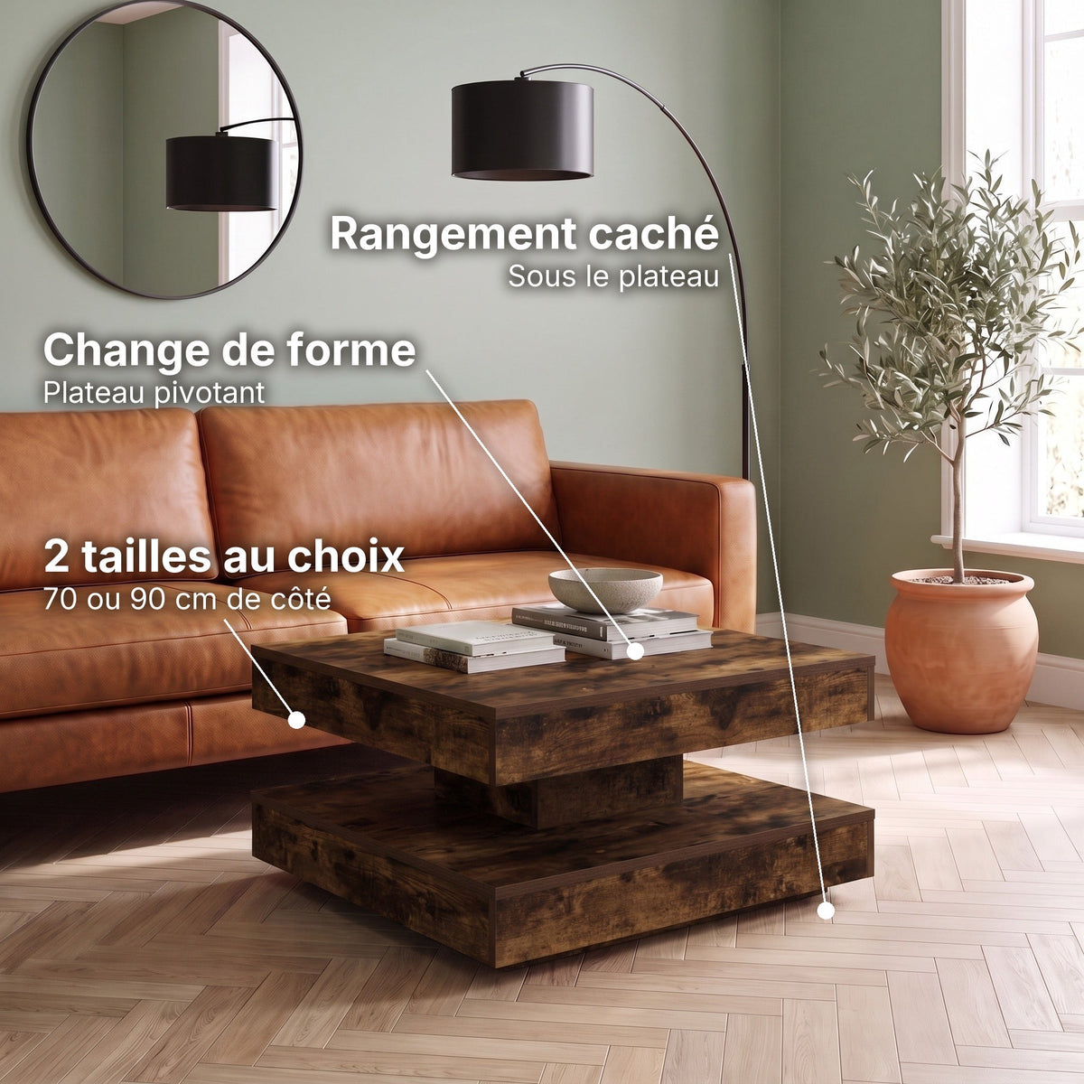 Table basse pivotante décor bois avec rangement Rondo chêne fumé : change de forme (Plateau pivotant), rangement caché (Sous le plateau), 2 tailles au choix (70 ou 90 cm de côté) #Couleur_Chêne fumé
