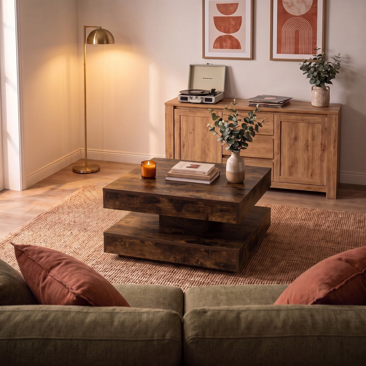 Table basse rotative Rondo, chêne fumé – ambiance du soir #Couleur_Chêne fumé