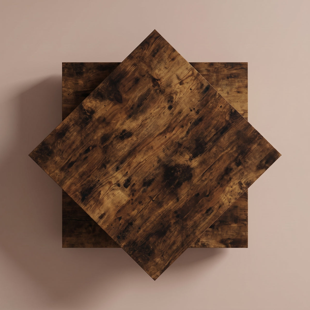 Table basse rotative Rondo, chêne fumé – plateau pivoté à 45°, vue de dessus #Couleur_Chêne fumé