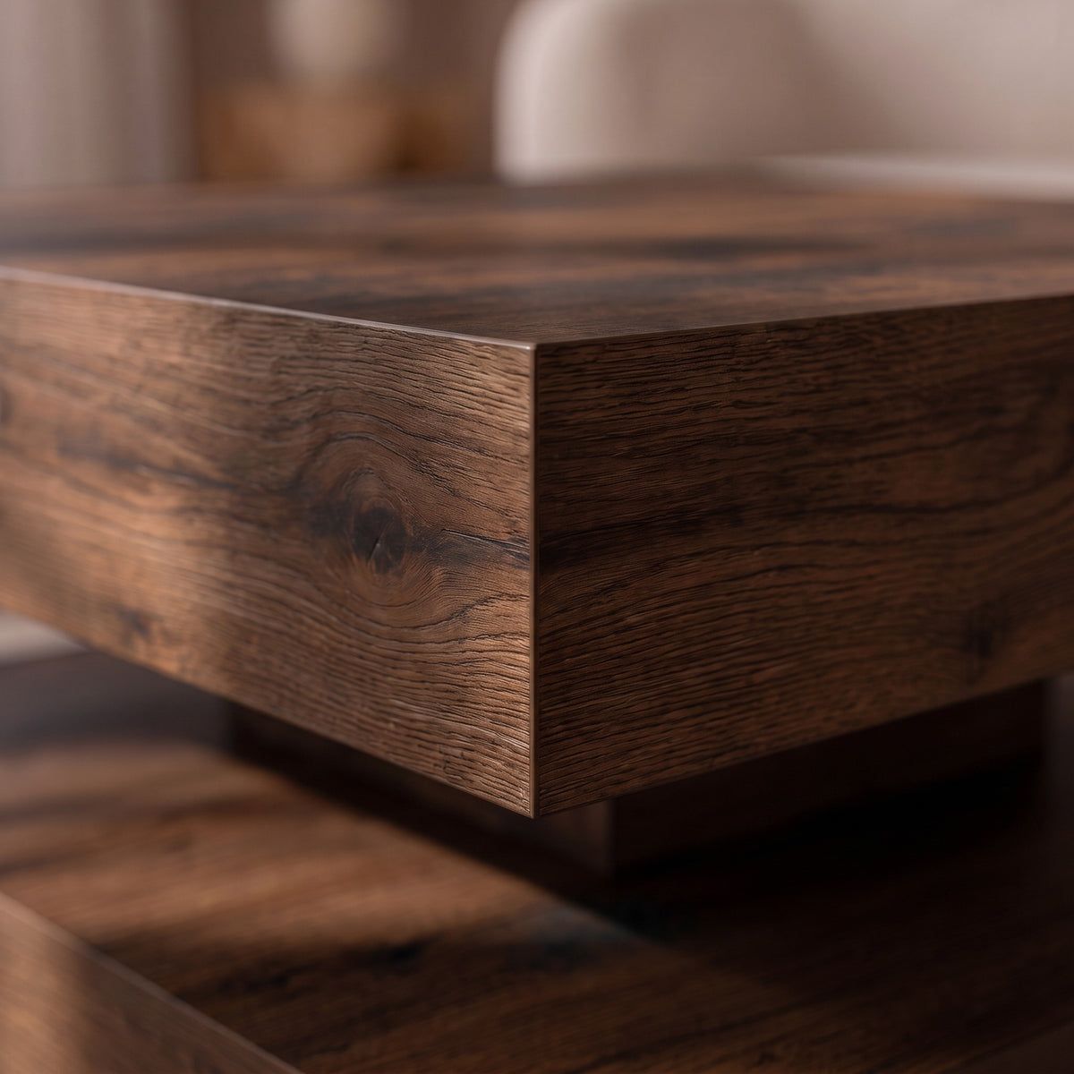 Table basse rotative Rondo, chêne fumé – détail du chant #Couleur_Chêne fumé