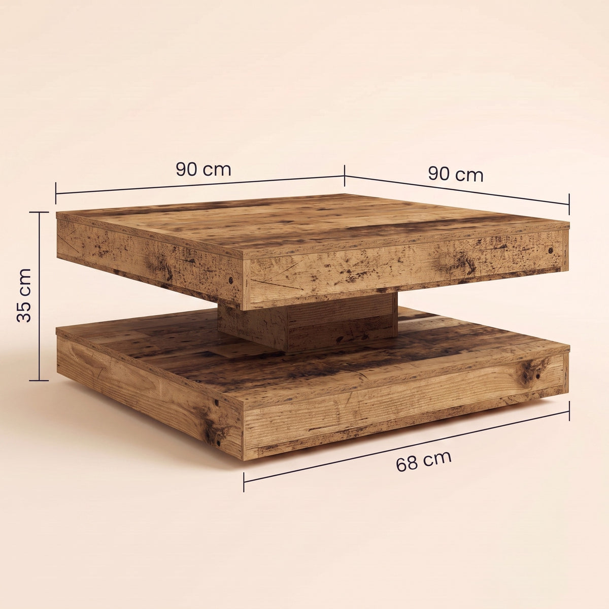 Table basse rotative Rondo, vieux bois – dimensions 90 × 90 × 35 cm #Dimensions_90 × 90 × 35 cm #Couleur_Vieux bois